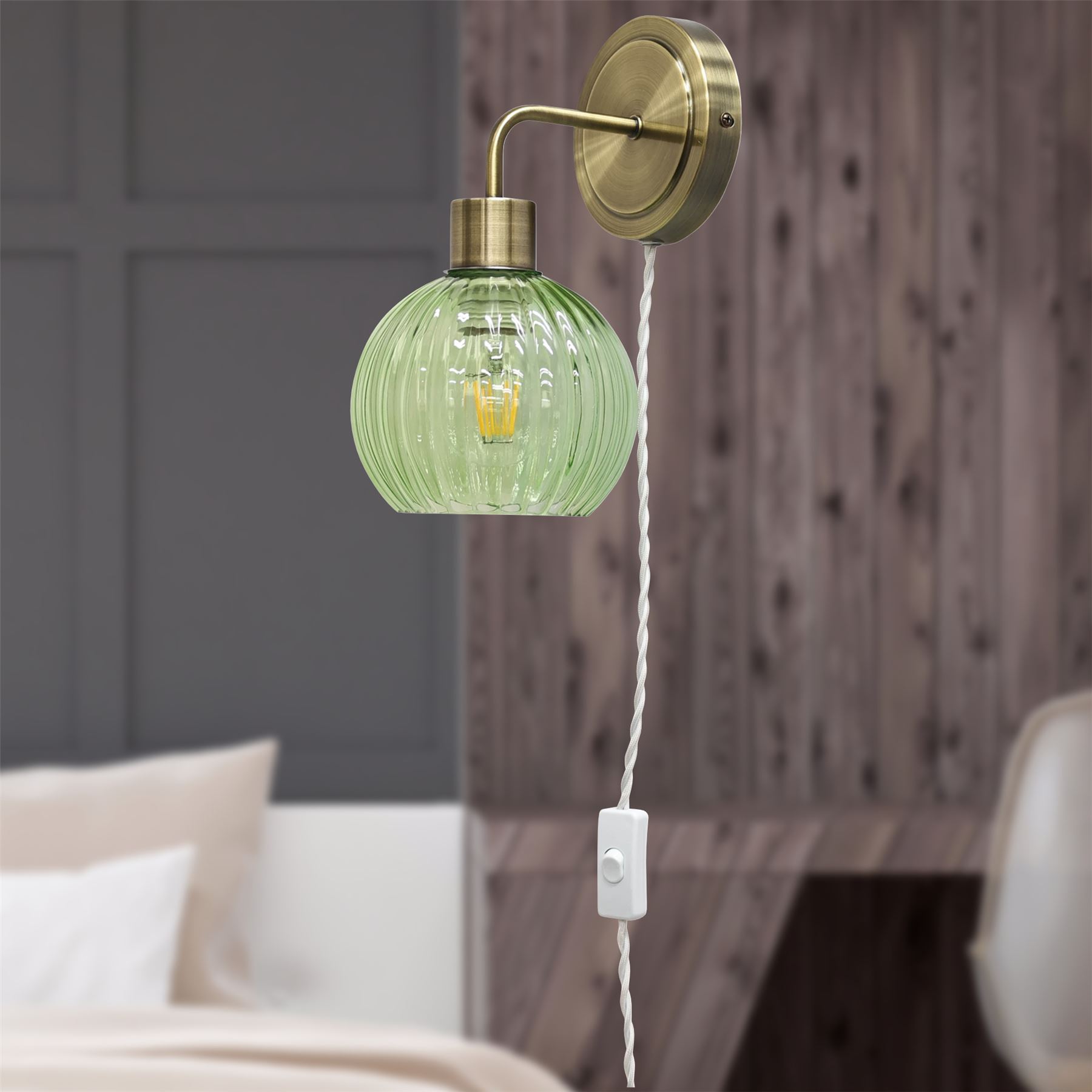 Modern Bedside Plug in Wall Light Reading Lamp with Green Ribbed Glass Shade - Picture 4 of 21