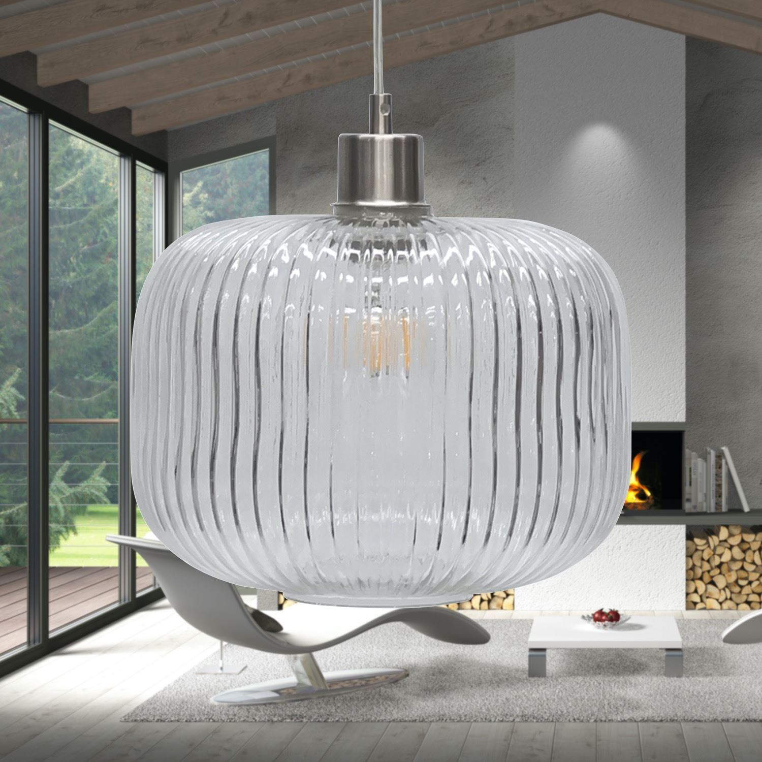 Modern Clear Ribbed Glass Large Kitchen Dining Pendant Ceiling Light Fitting - Picture 29 of 33