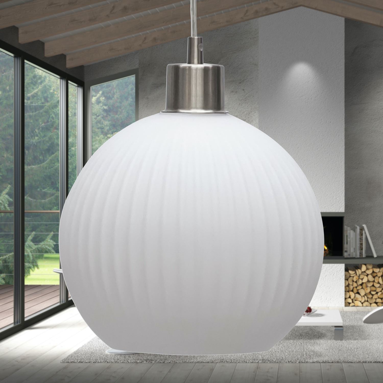 Modern White Ribbed Glass Globe Kitchen Dining Pendant Ceiling Light Fitting - Picture 29 of 33
