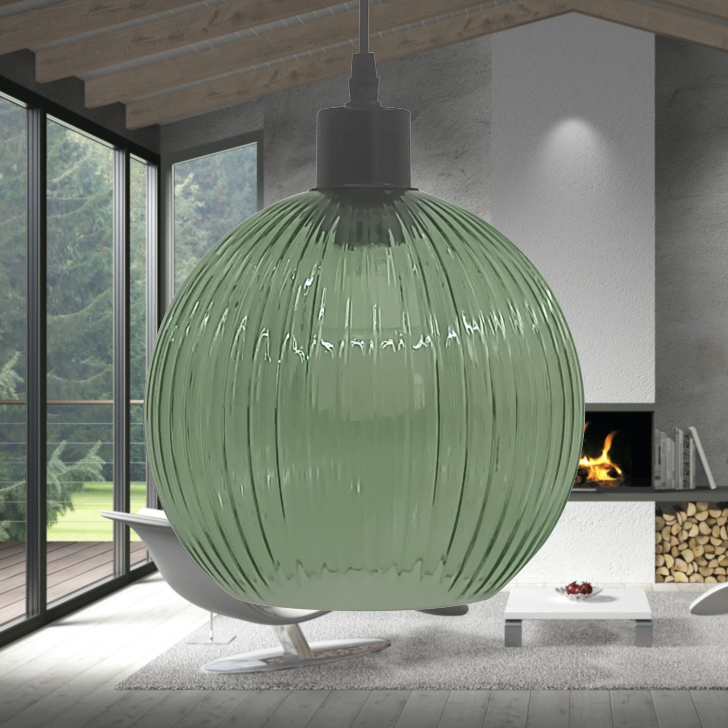 Modern Green Ribbed Glass Globe Kitchen Dining Pendant Ceiling Light Fitting - Picture 5 of 33
