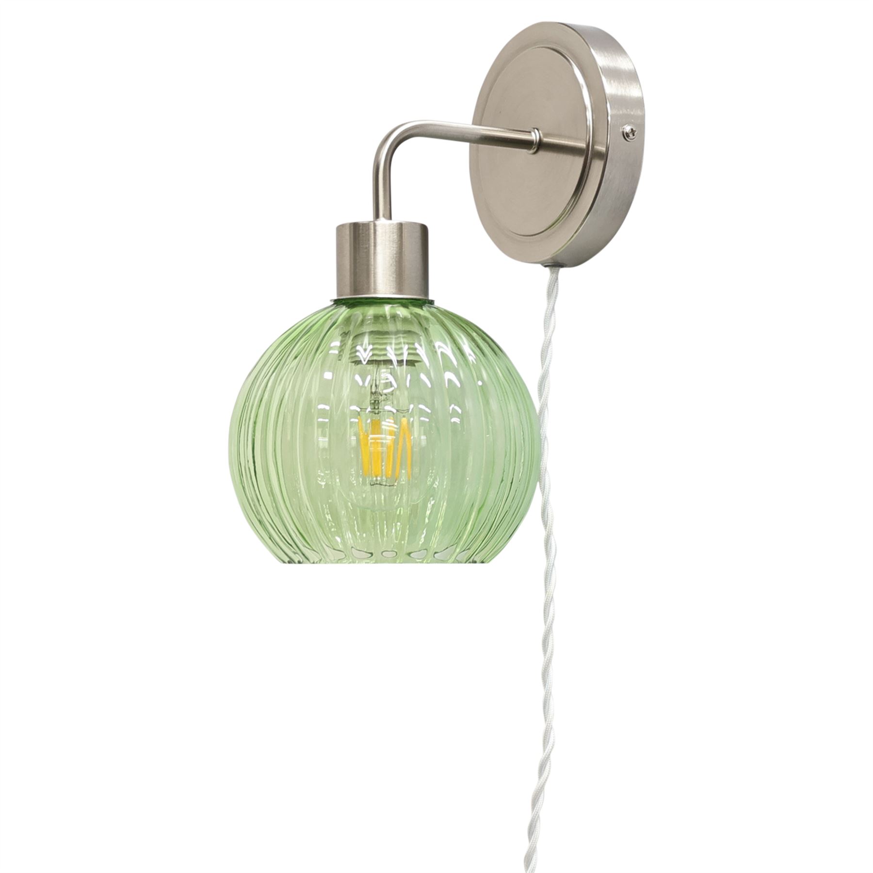 Modern Bedside Plug in Wall Light Reading Lamp with Green Ribbed Glass Shade - Picture 18 of 21