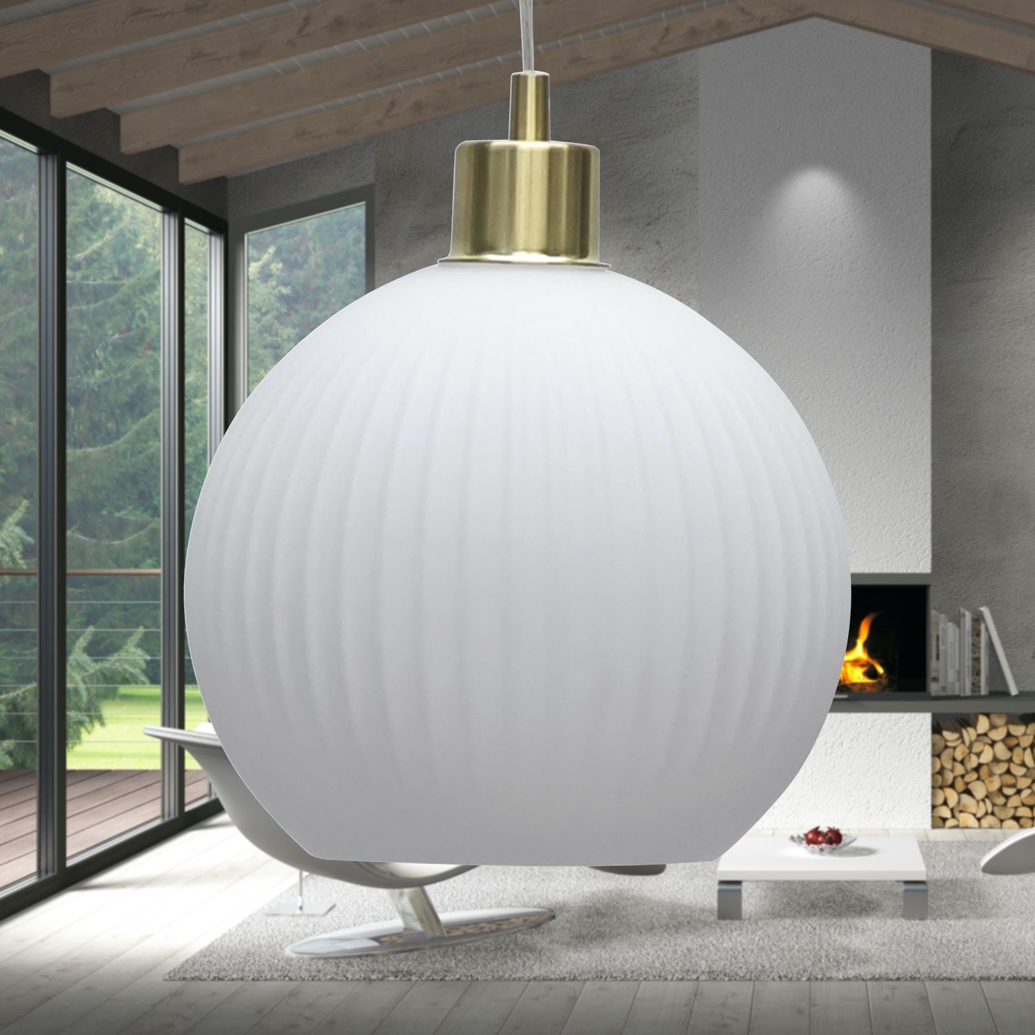 Modern White Ribbed Glass Globe Kitchen Dining Pendant Ceiling Light Fitting - Picture 21 of 33