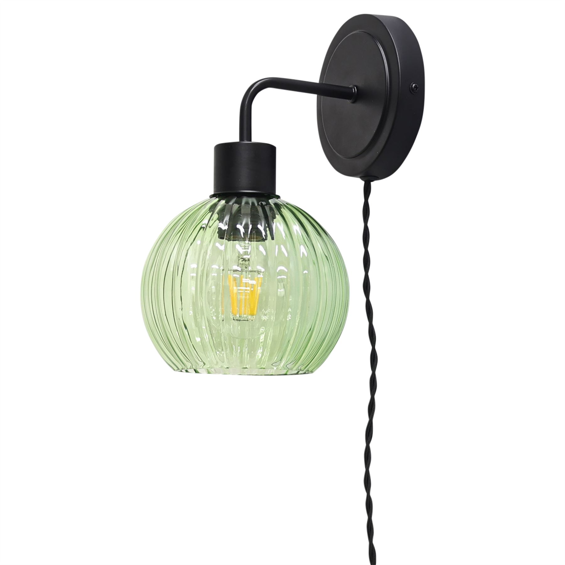 Modern Bedside Plug in Wall Light Reading Lamp with Green Ribbed Glass Shade - Picture 8 of 21