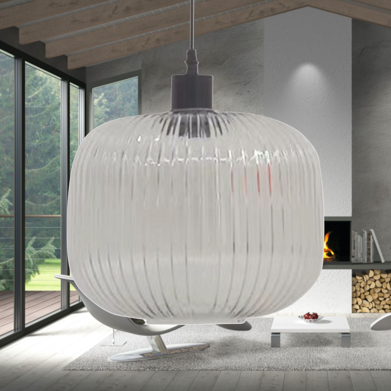 Modern Clear Ribbed Glass Large Kitchen Dining Pendant Ceiling Light Fitting - Picture 5 of 33