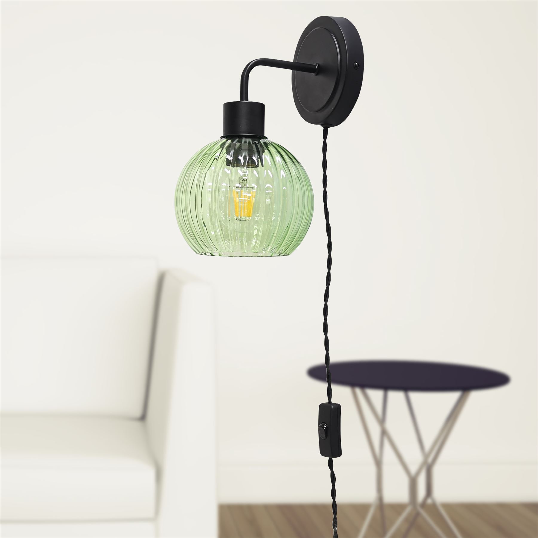 Modern Bedside Plug in Wall Light Reading Lamp with Green Ribbed Glass Shade - Picture 10 of 21