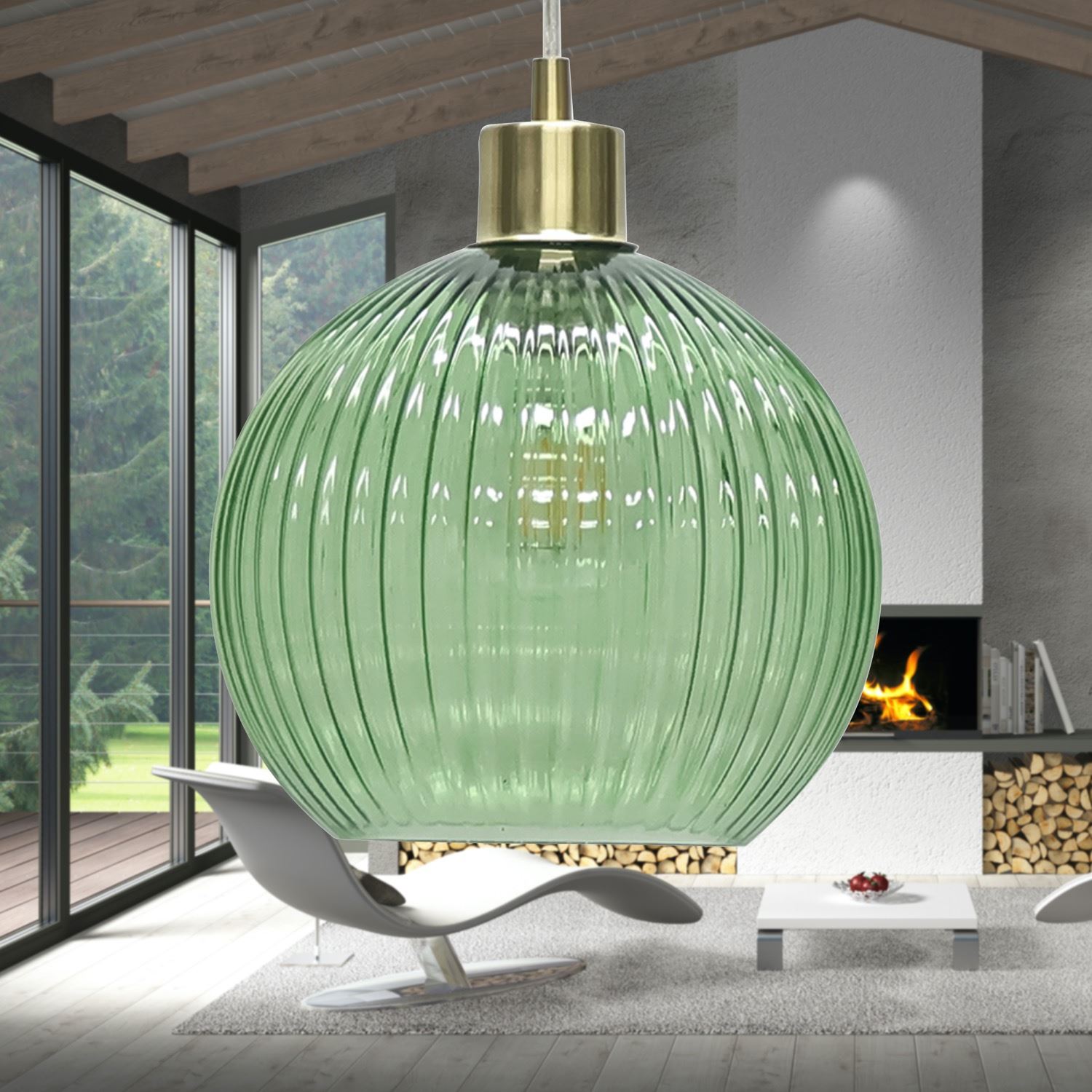 Modern Green Ribbed Glass Globe Kitchen Dining Pendant Ceiling Light Fitting - Picture 21 of 33