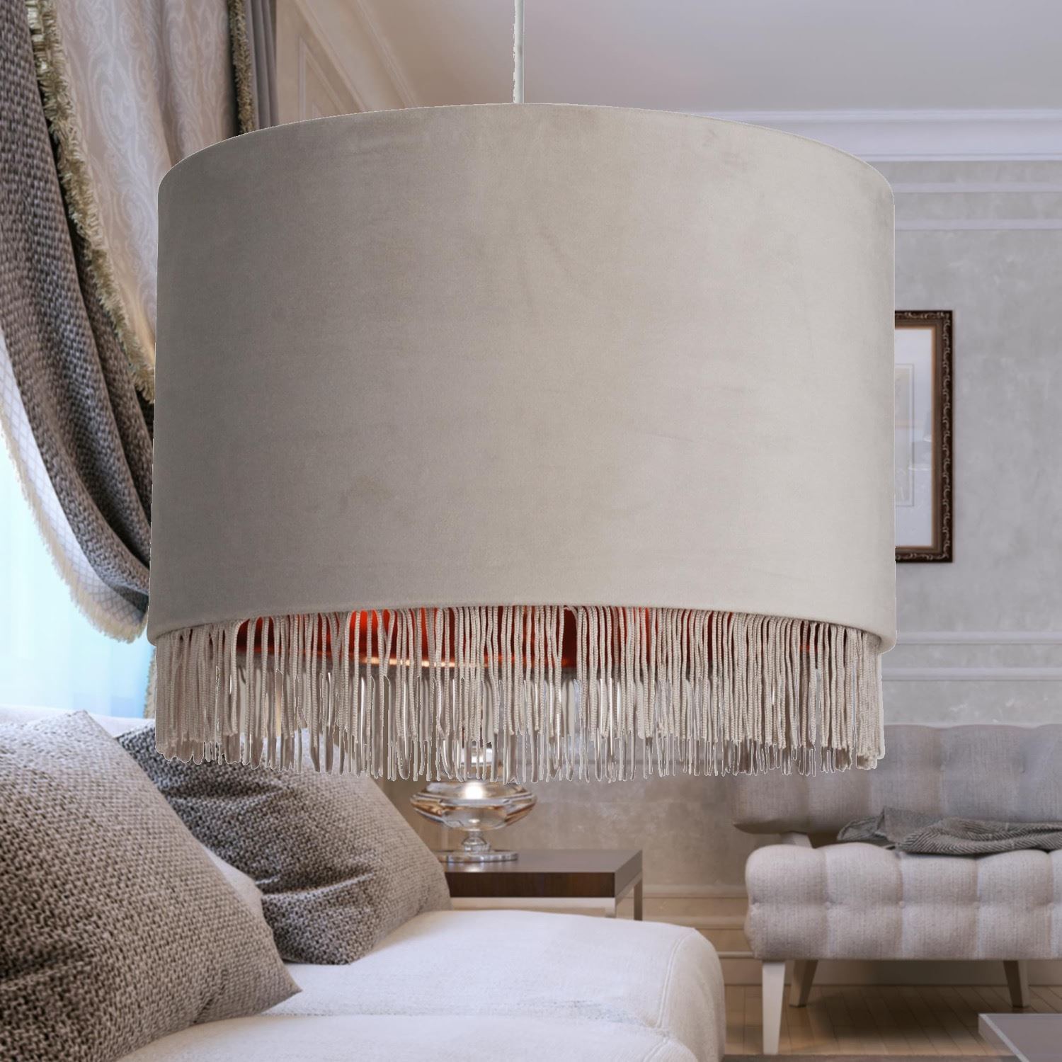 Modern Velvet Tassel Ceiling Light Shade Metallic Inner Grey Pink Navy White - Picture 13 of 25