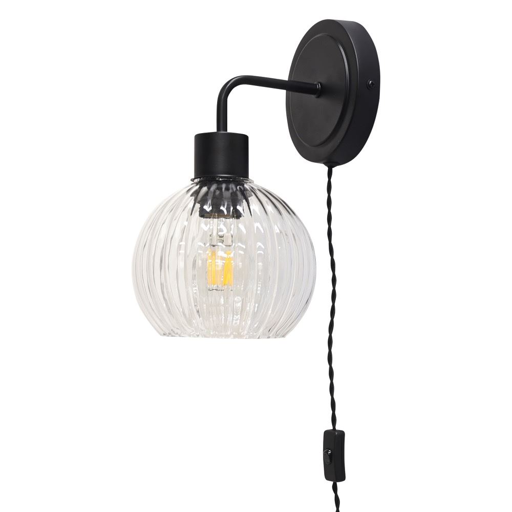 Modern Bedside Plug in Wall Light Reading Lamp with Clear Ribbed Glass Shade - Picture 7 of 21