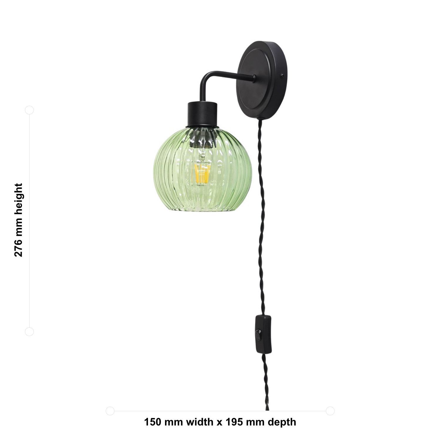 Modern Bedside Plug in Wall Light Reading Lamp with Green Ribbed Glass Shade - Picture 11 of 21
