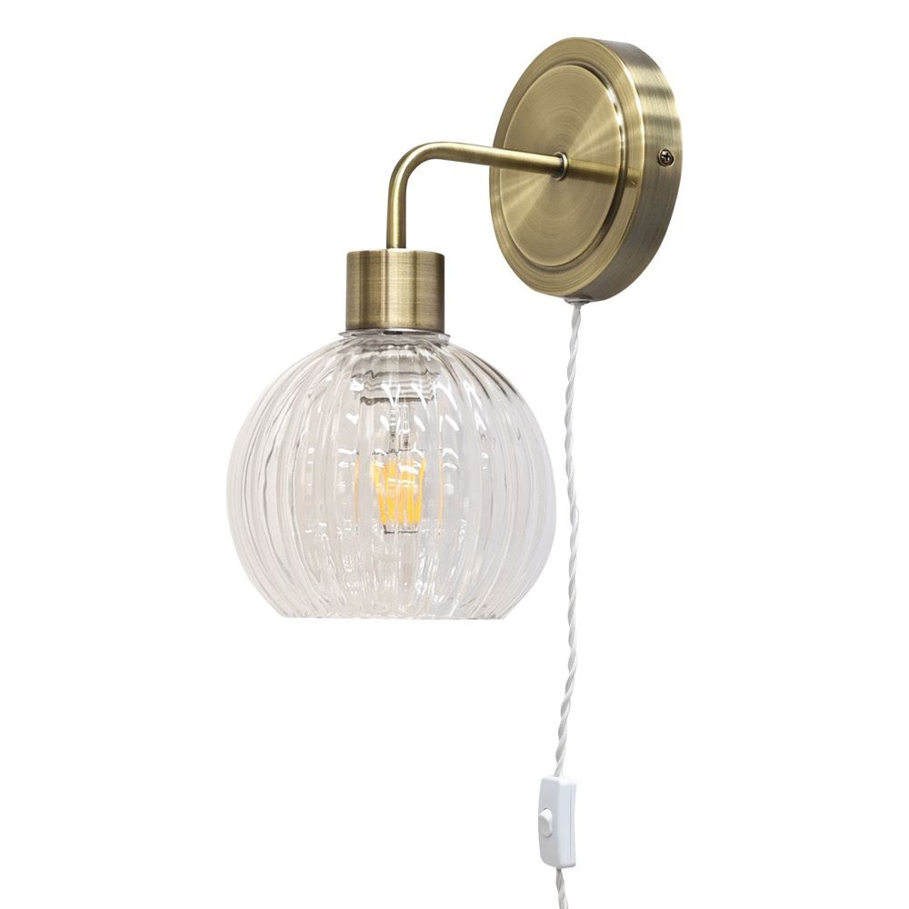Antique Brass Bedside Plug in Wall Light Reading Lamp with Fluted Glass Shade - Picture 3 of 25