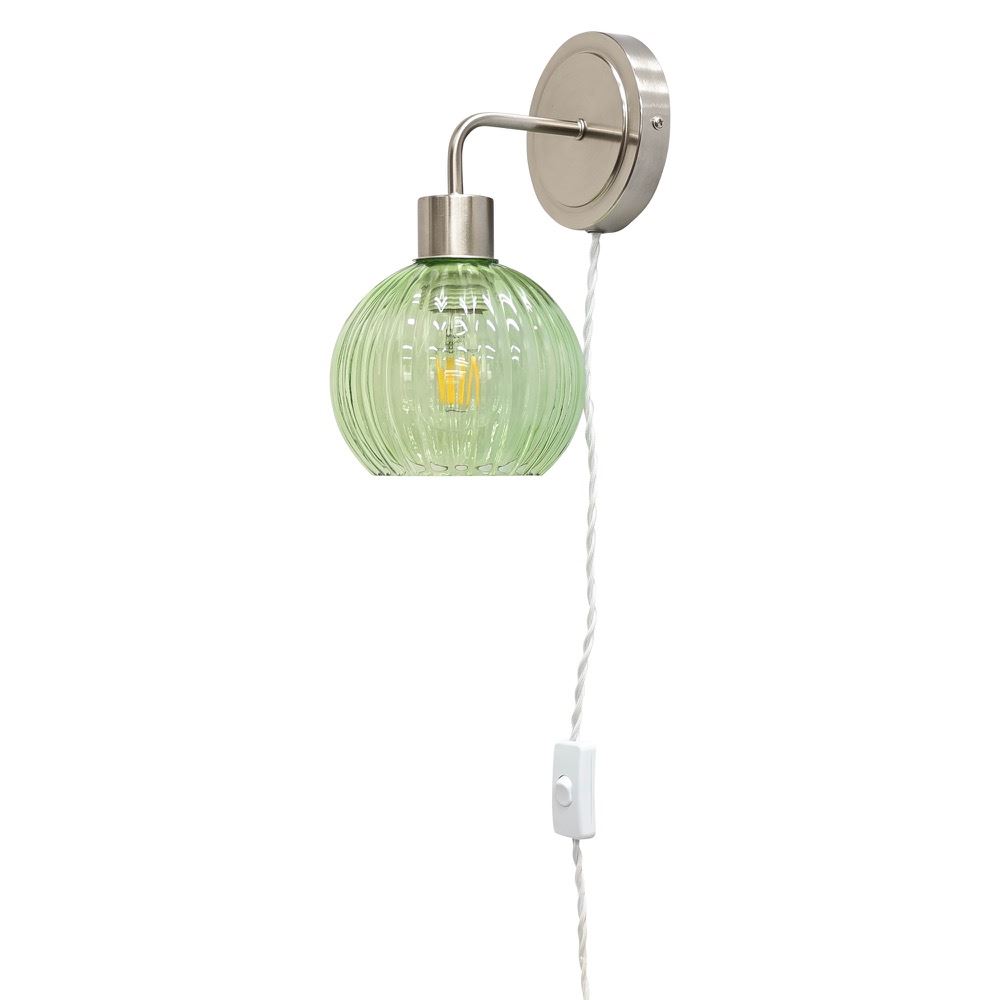 Modern Bedside Plug in Wall Light Reading Lamp with Green Ribbed Glass Shade - Picture 17 of 21