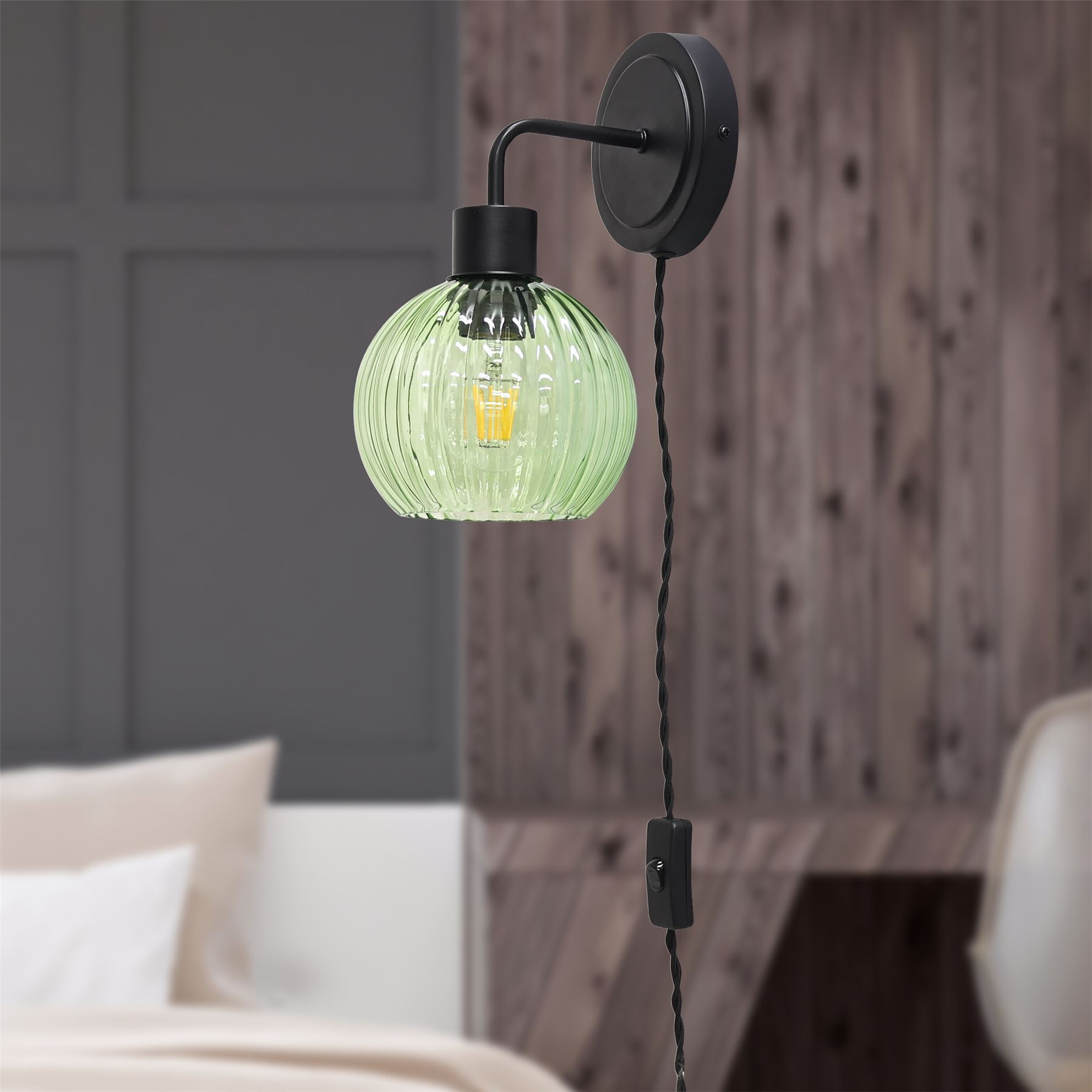 Modern Bedside Plug in Wall Light Reading Lamp with Green Ribbed Glass Shade - Picture 9 of 21
