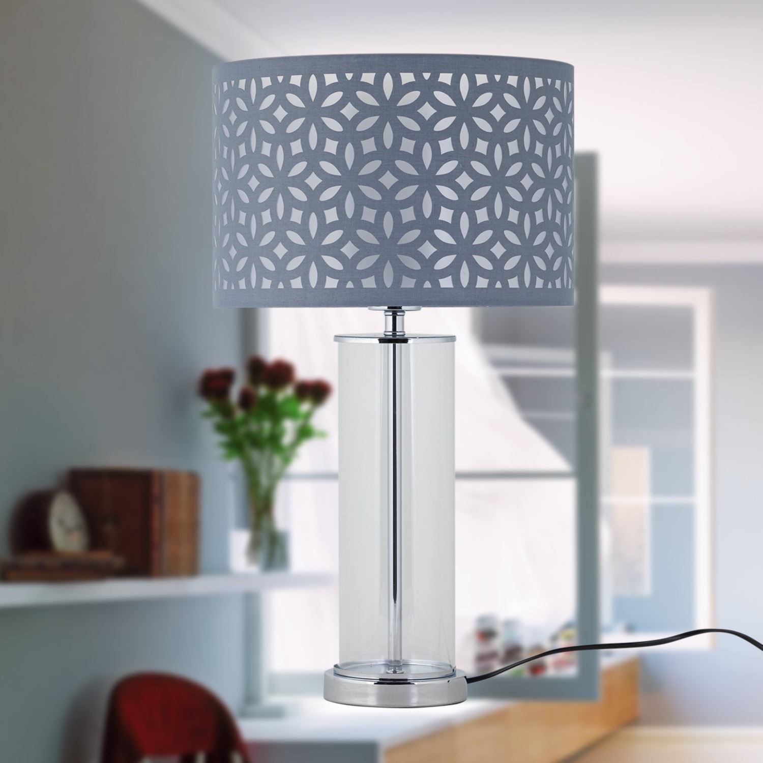 Moderne Glas Tischlampe Nachttischlampe Fuß Chrom Messing satiniert - Bild 7 von 15