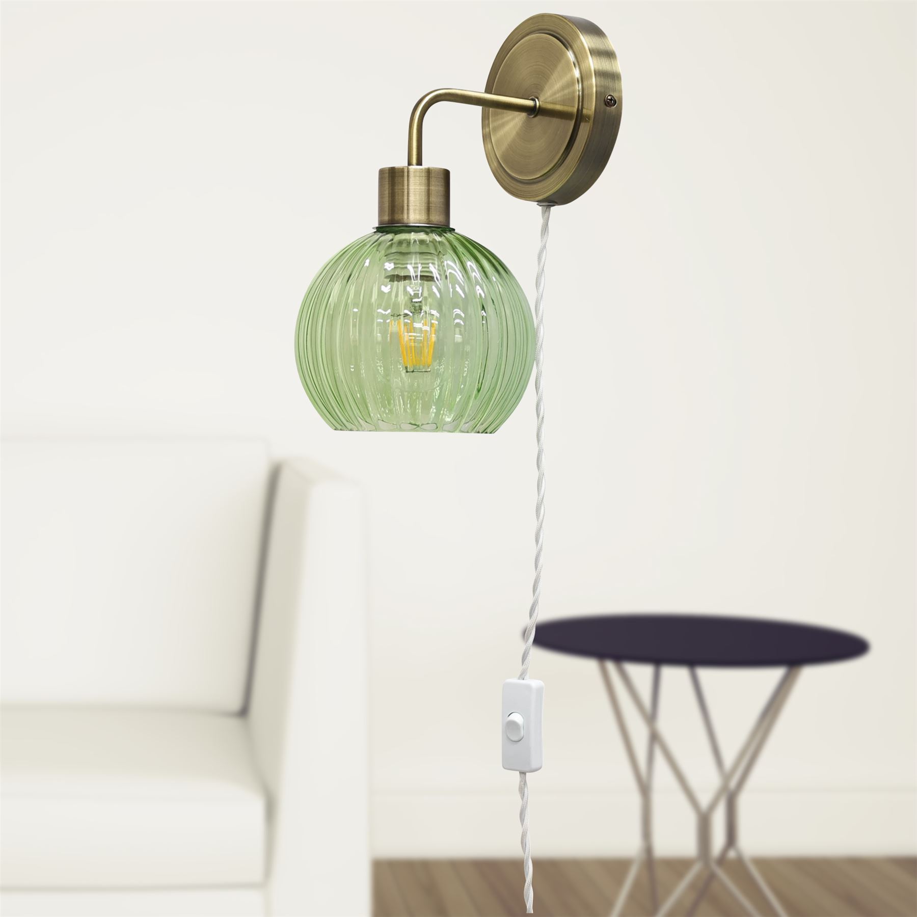 Modern Bedside Plug in Wall Light Reading Lamp with Green Ribbed Glass Shade - Picture 5 of 21