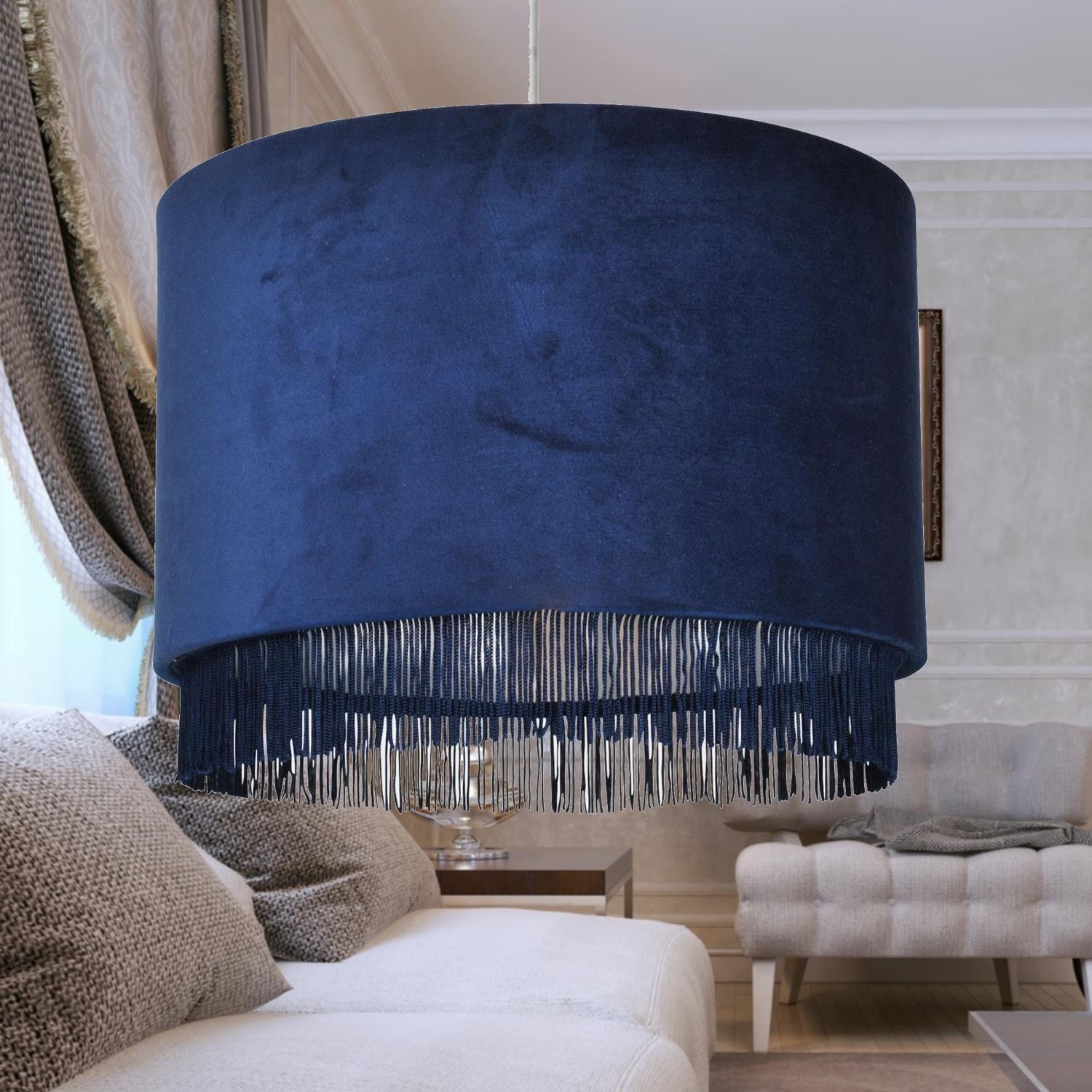 Modern Velvet Tassel Ceiling Light Shade Metallic Inner Grey Pink Navy White - Picture 19 of 25