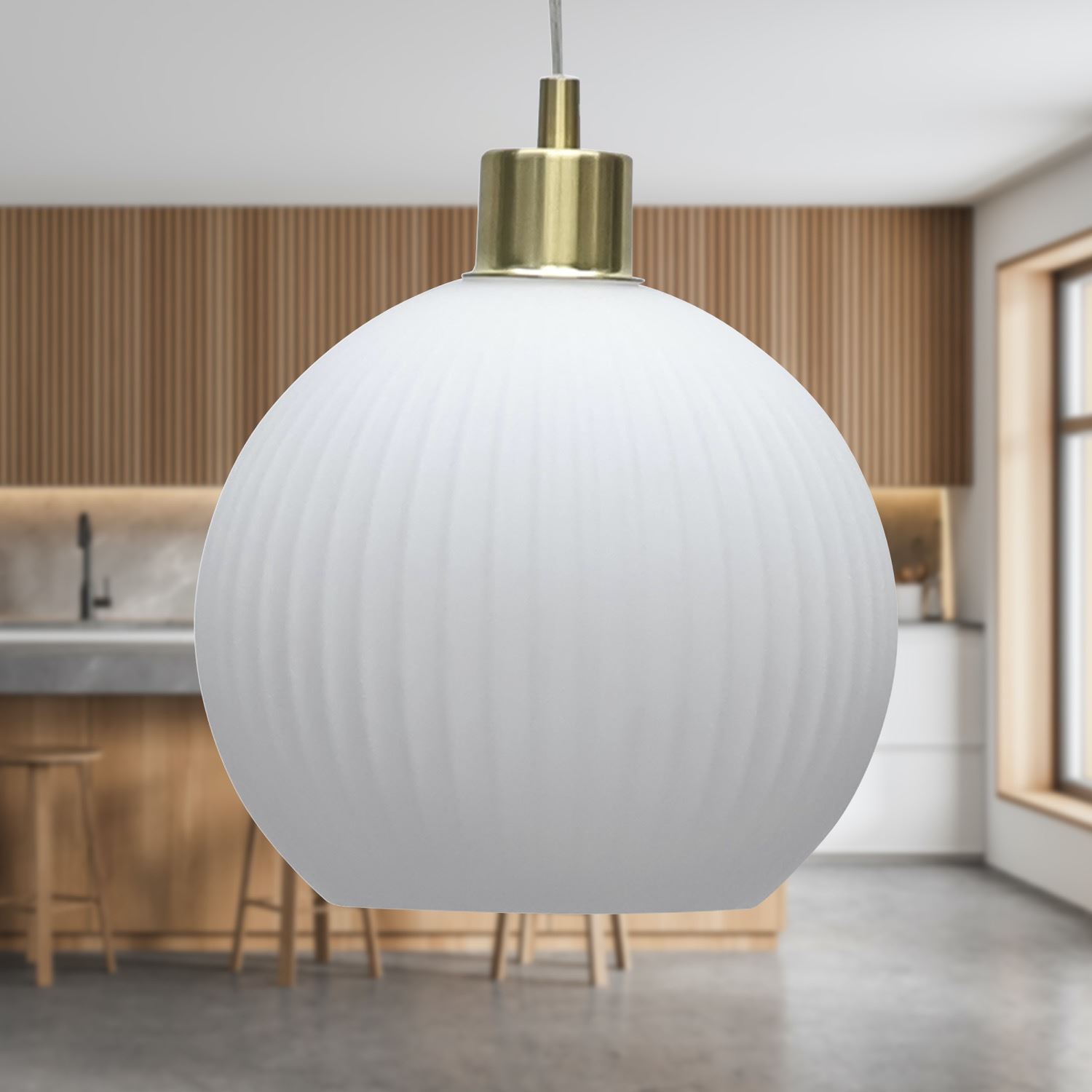 Modern White Ribbed Glass Globe Kitchen Dining Pendant Ceiling Light Fitting - Picture 20 of 33