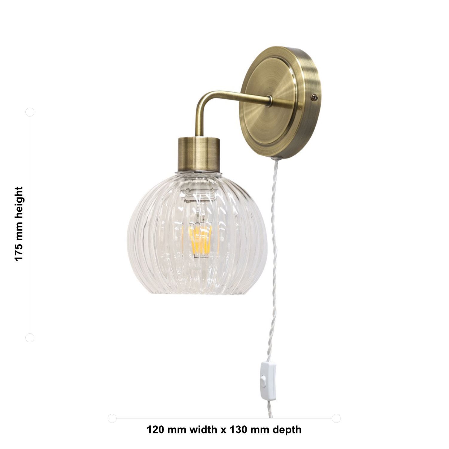 Antique Brass Bedside Plug in Wall Light Reading Lamp with Fluted Glass Shade - Picture 7 of 25