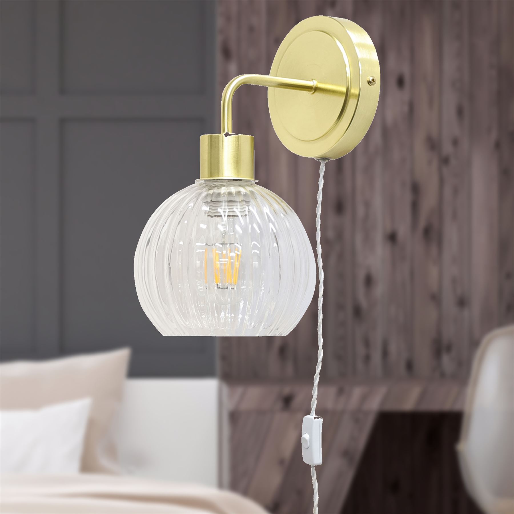 Antique Brass Bedside Plug in Wall Light Reading Lamp with Fluted Glass Shade - Picture 17 of 25