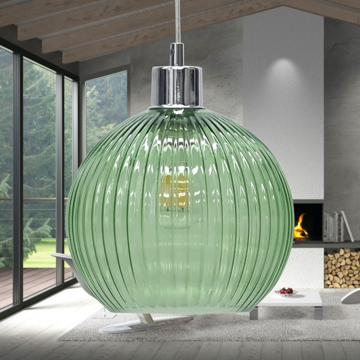 Modern Green Ribbed Glass Globe Kitchen Dining Pendant Ceiling Light Fitting - Picture 13 of 33