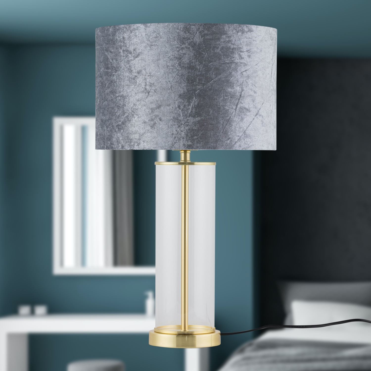 Satin Brass Table Lamp Bedside Light Crushed Velvet Modern Bedroom Home Lighting - Picture 23 of 25