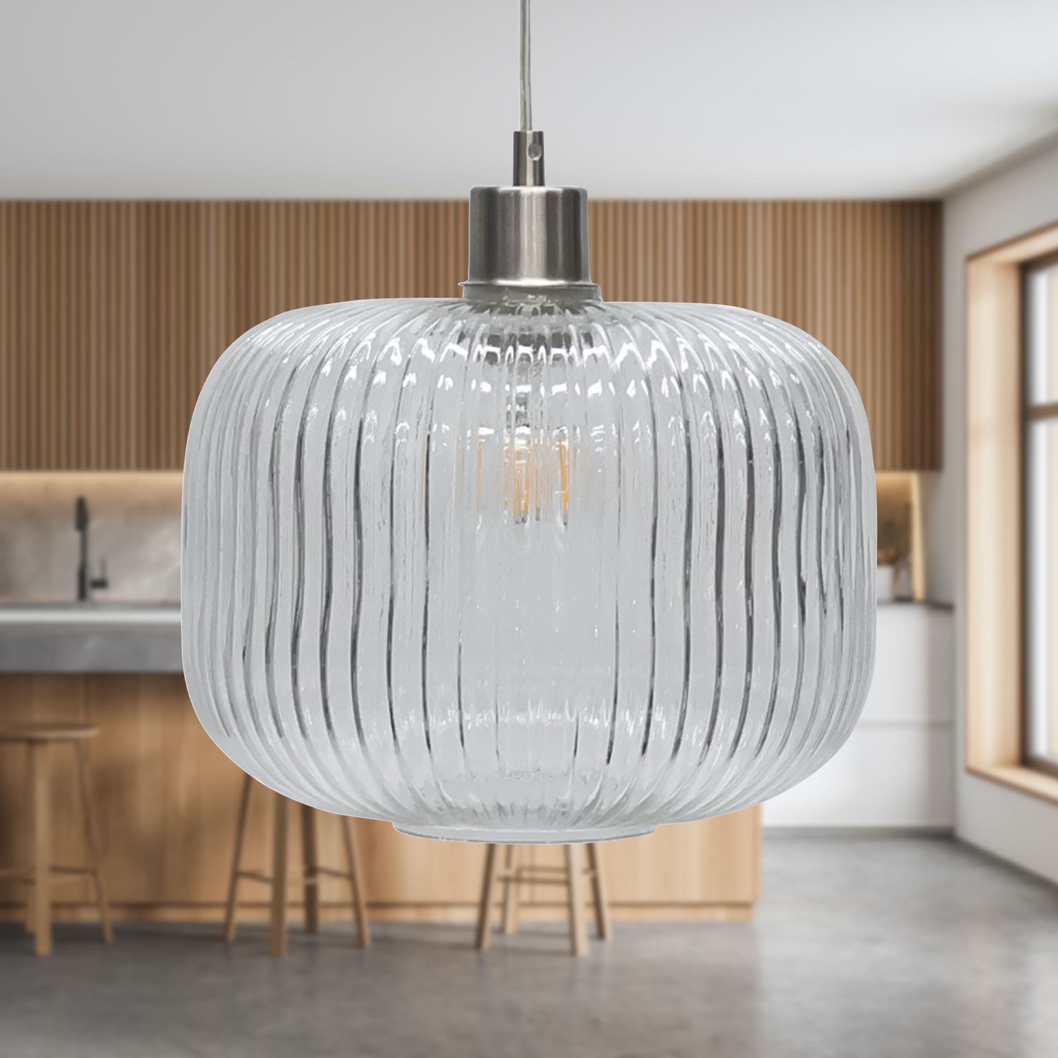 Modern Clear Ribbed Glass Large Kitchen Dining Pendant Ceiling Light Fitting - Picture 28 of 33
