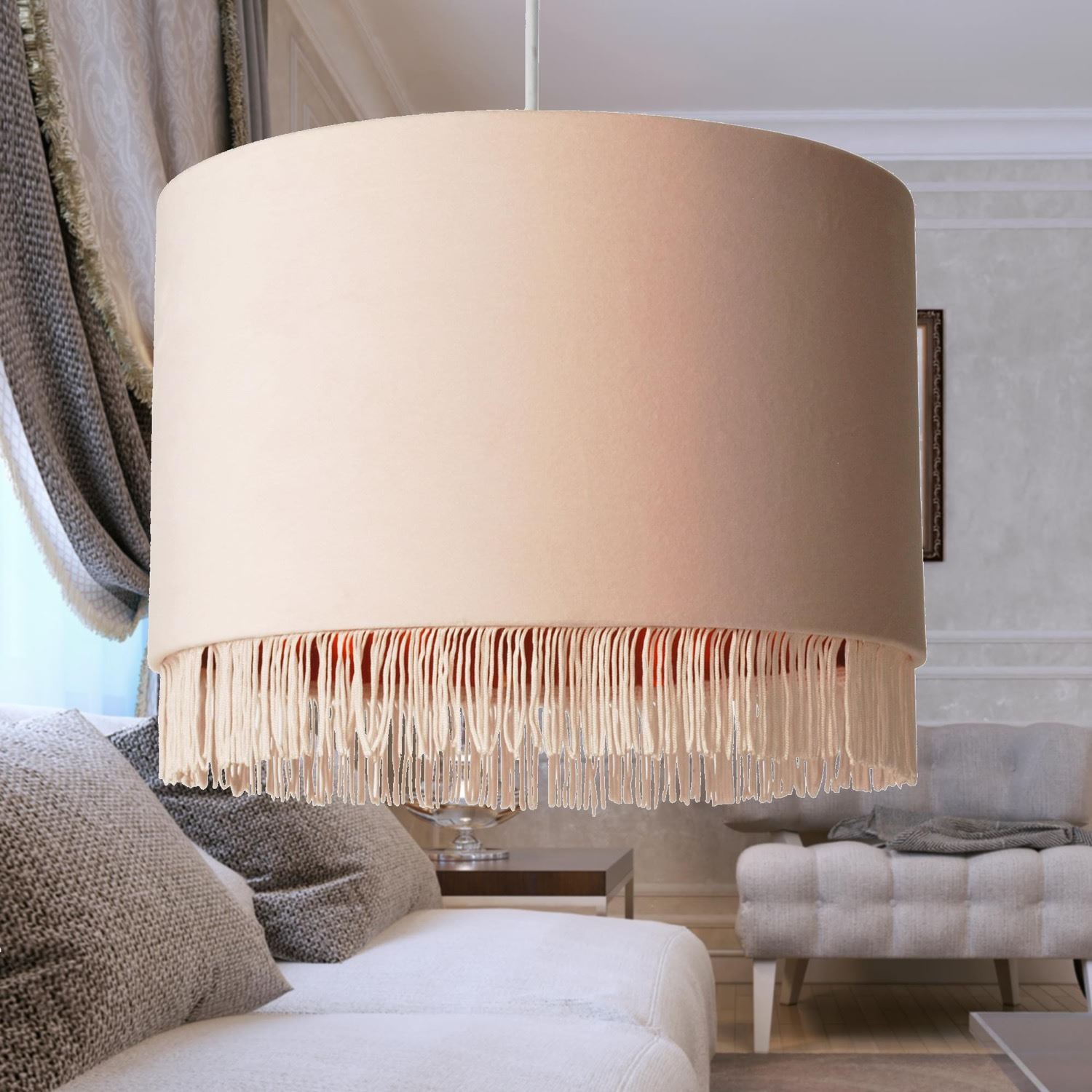 Modern Velvet Tassel Ceiling Light Shade Metallic Inner Grey Pink Navy White - Picture 7 of 25