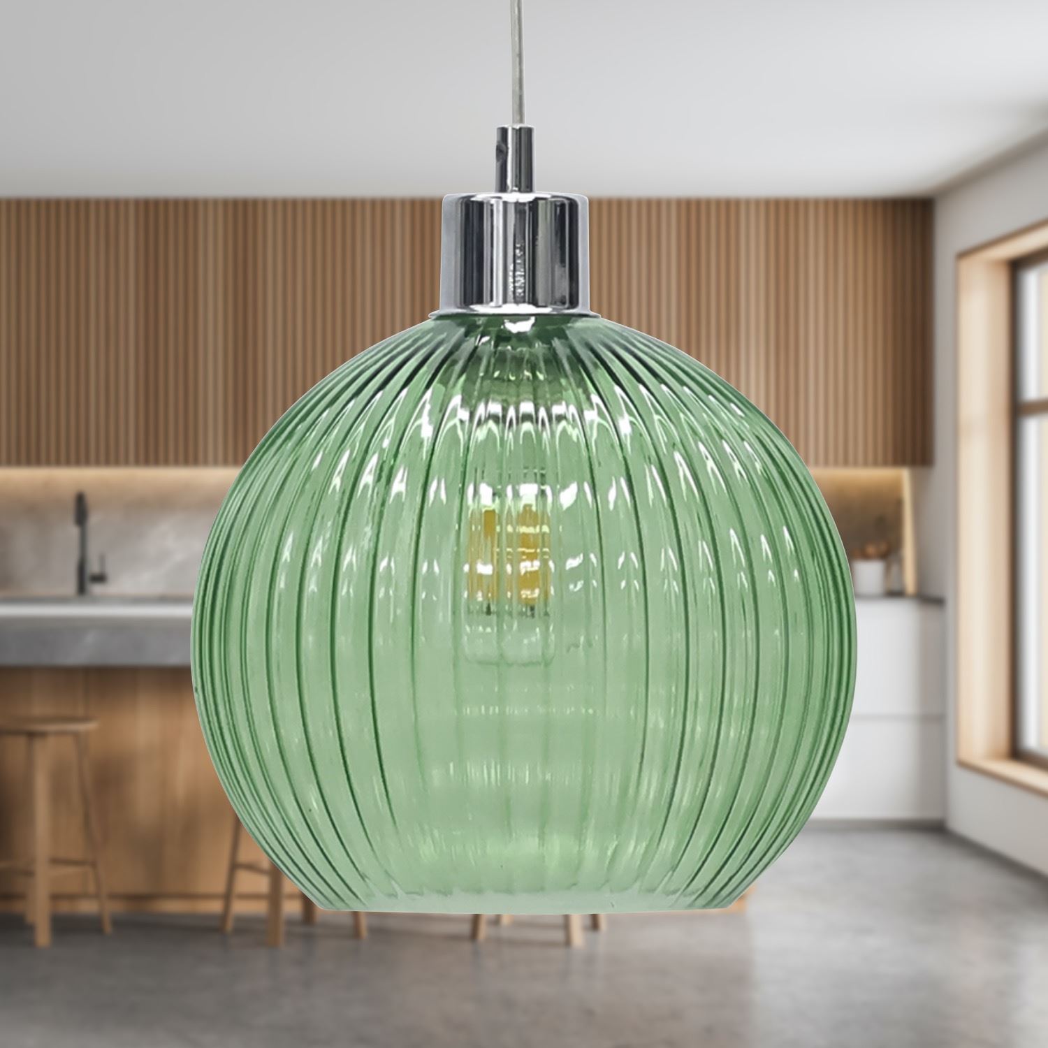 Modern Green Ribbed Glass Globe Kitchen Dining Pendant Ceiling Light Fitting - Picture 12 of 33
