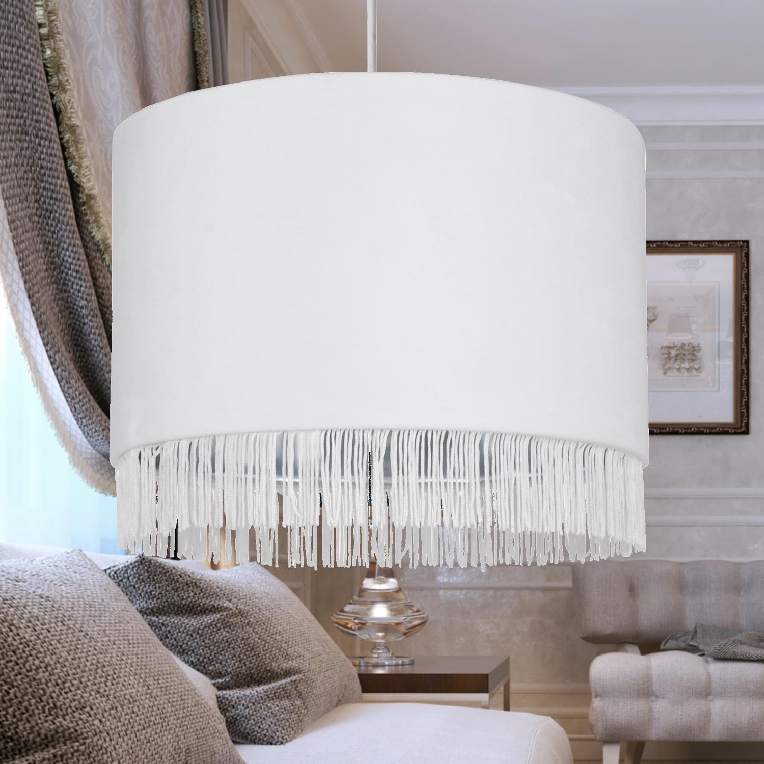 Modern Velvet Tassel Ceiling Light Shade Metallic Inner Grey Pink Navy White - Picture 25 of 25