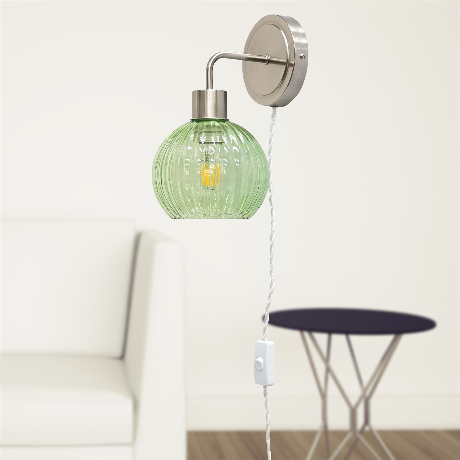 Modern Bedside Plug in Wall Light Reading Lamp with Green Ribbed Glass Shade - Picture 20 of 21