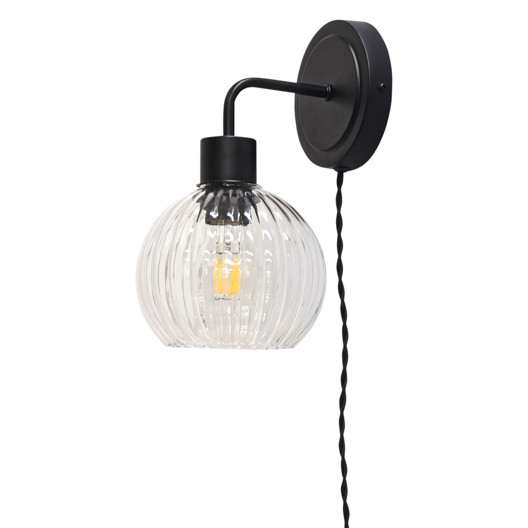 Modern Bedside Plug in Wall Light Reading Lamp with Clear Ribbed Glass Shade - Picture 8 of 21