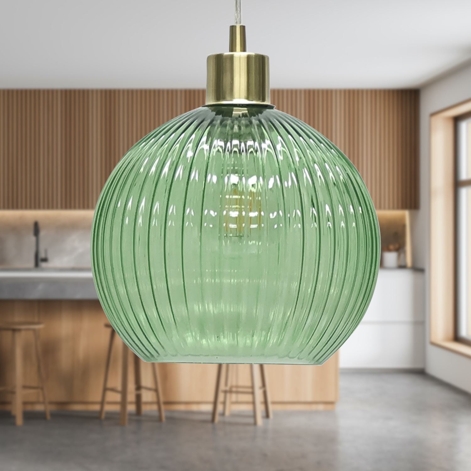 Modern Green Ribbed Glass Globe Kitchen Dining Pendant Ceiling Light Fitting - Picture 20 of 33