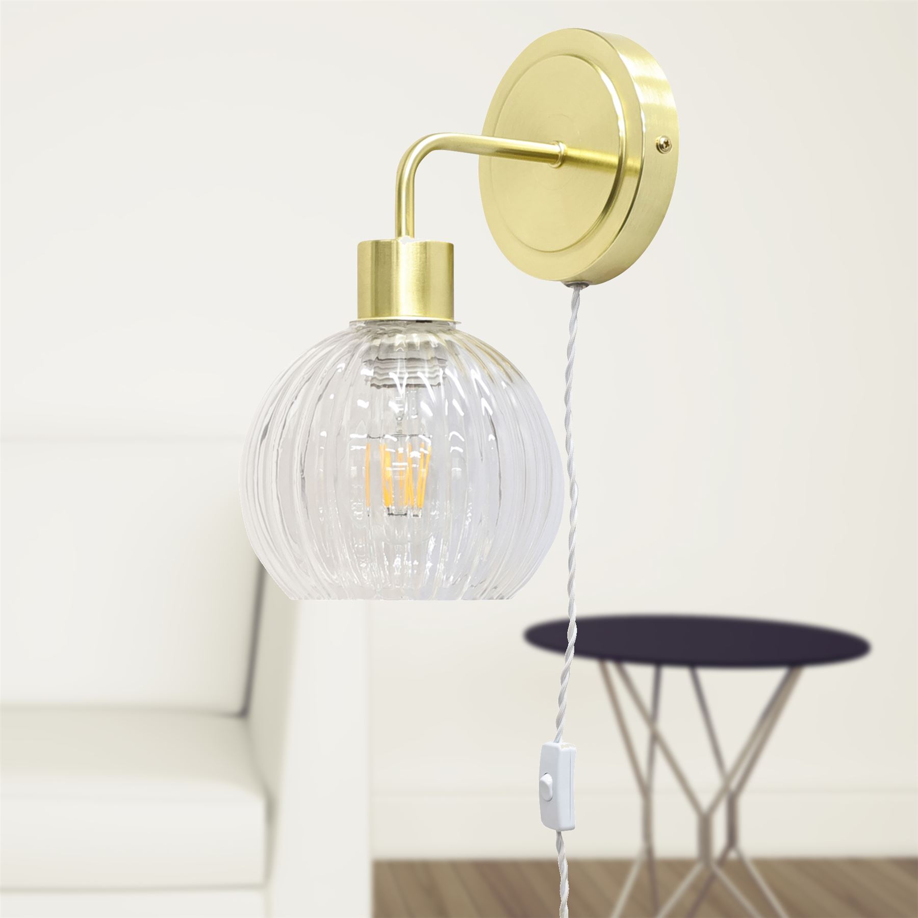 Antique Brass Bedside Plug in Wall Light Reading Lamp with Fluted Glass Shade - Picture 18 of 25