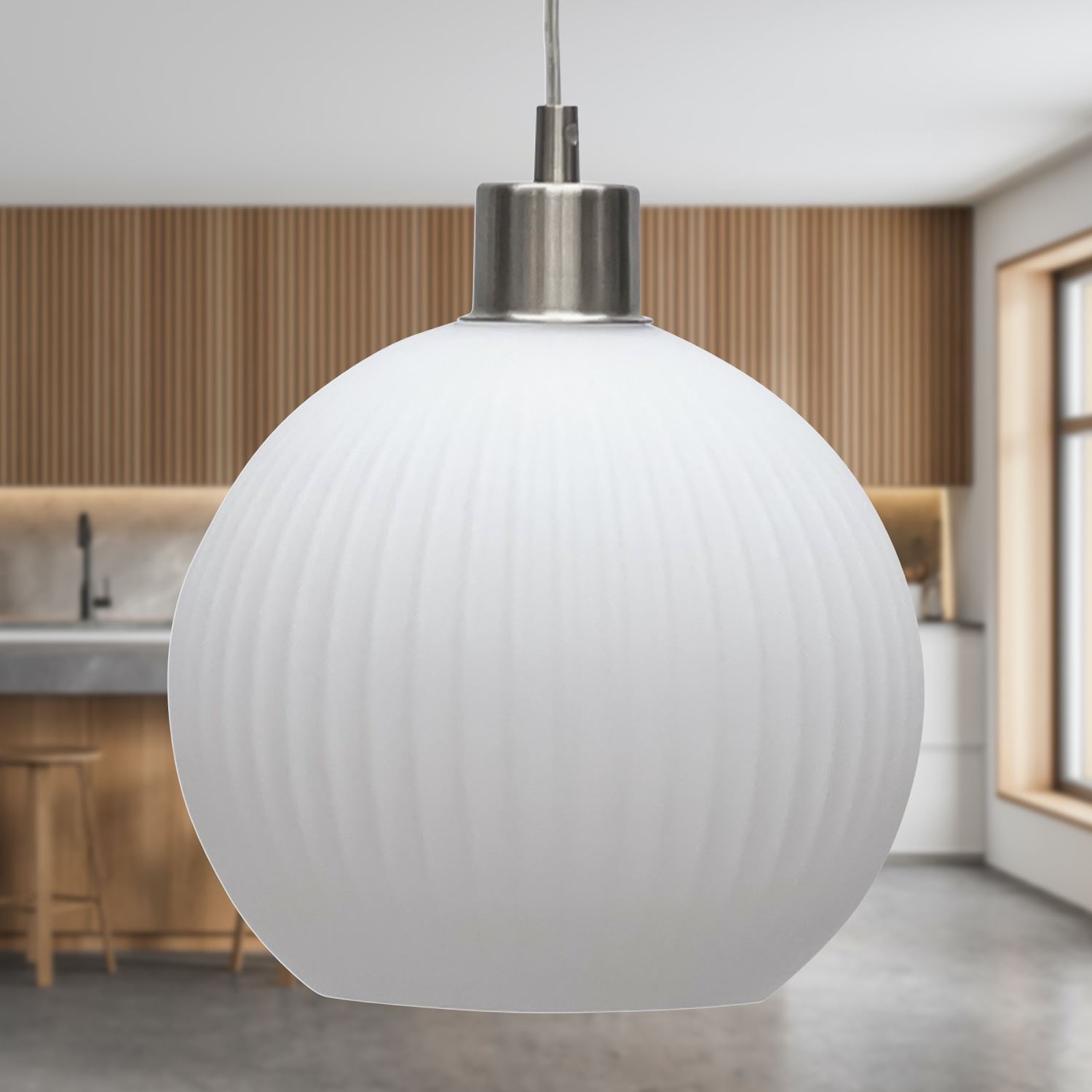 Modern White Ribbed Glass Globe Kitchen Dining Pendant Ceiling Light Fitting - Picture 28 of 33