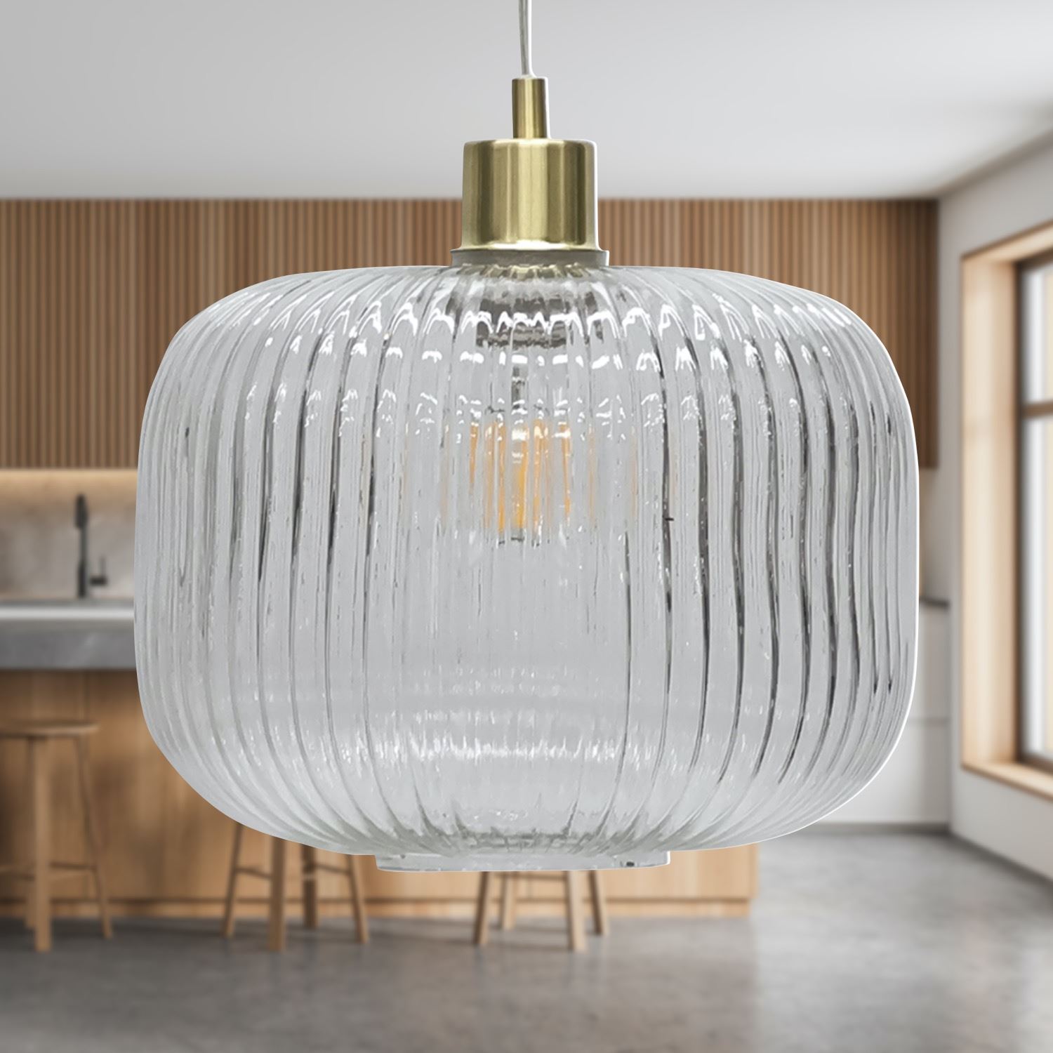 Modern Clear Ribbed Glass Large Kitchen Dining Pendant Ceiling Light Fitting - Picture 20 of 33