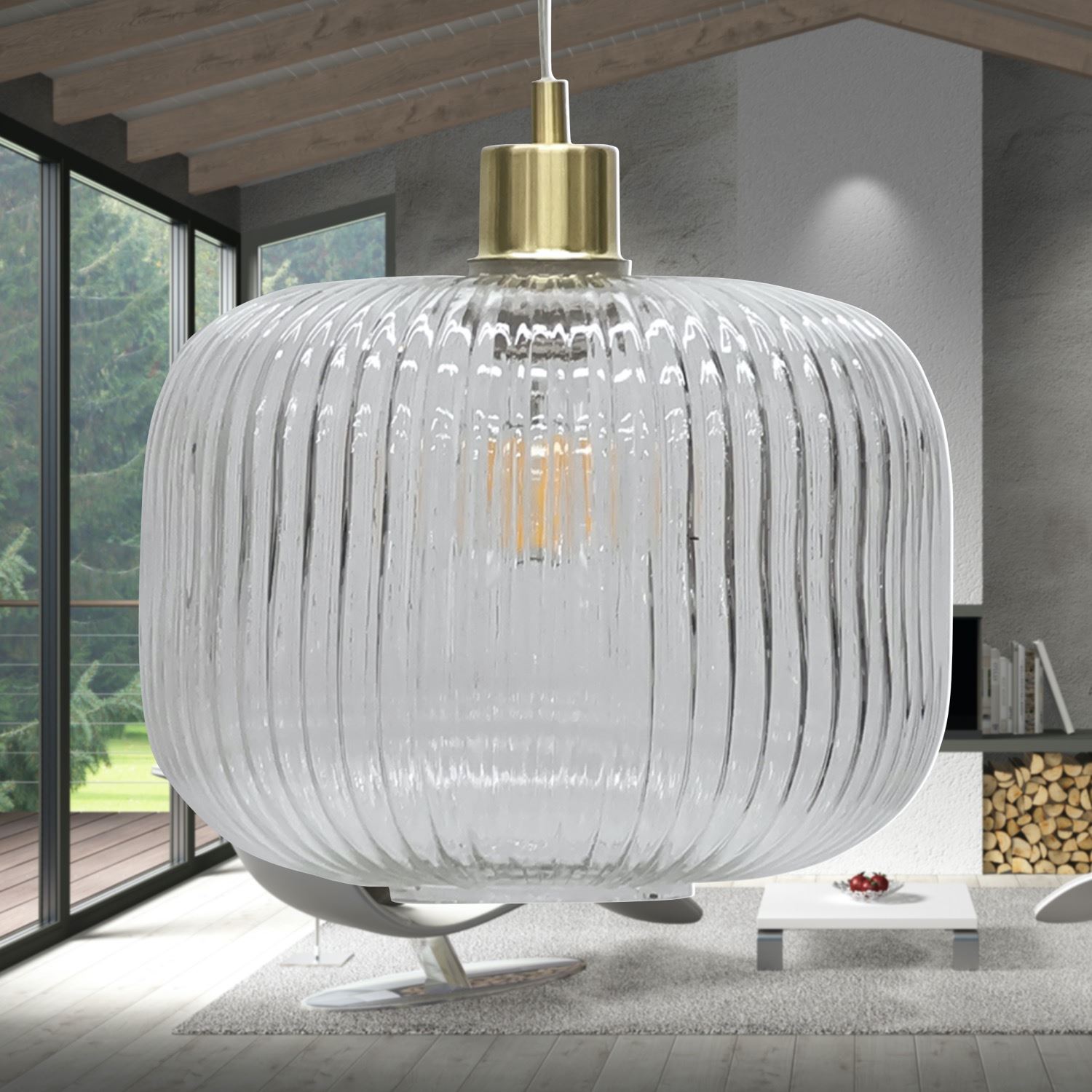 Modern Clear Ribbed Glass Large Kitchen Dining Pendant Ceiling Light Fitting - Picture 21 of 33