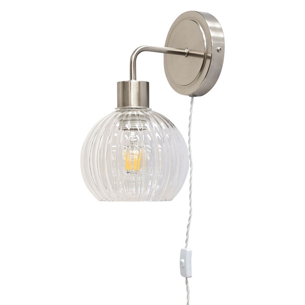 Modern Bedside Plug in Wall Light Reading Lamp with Clear Ribbed Glass Shade - Picture 17 of 21
