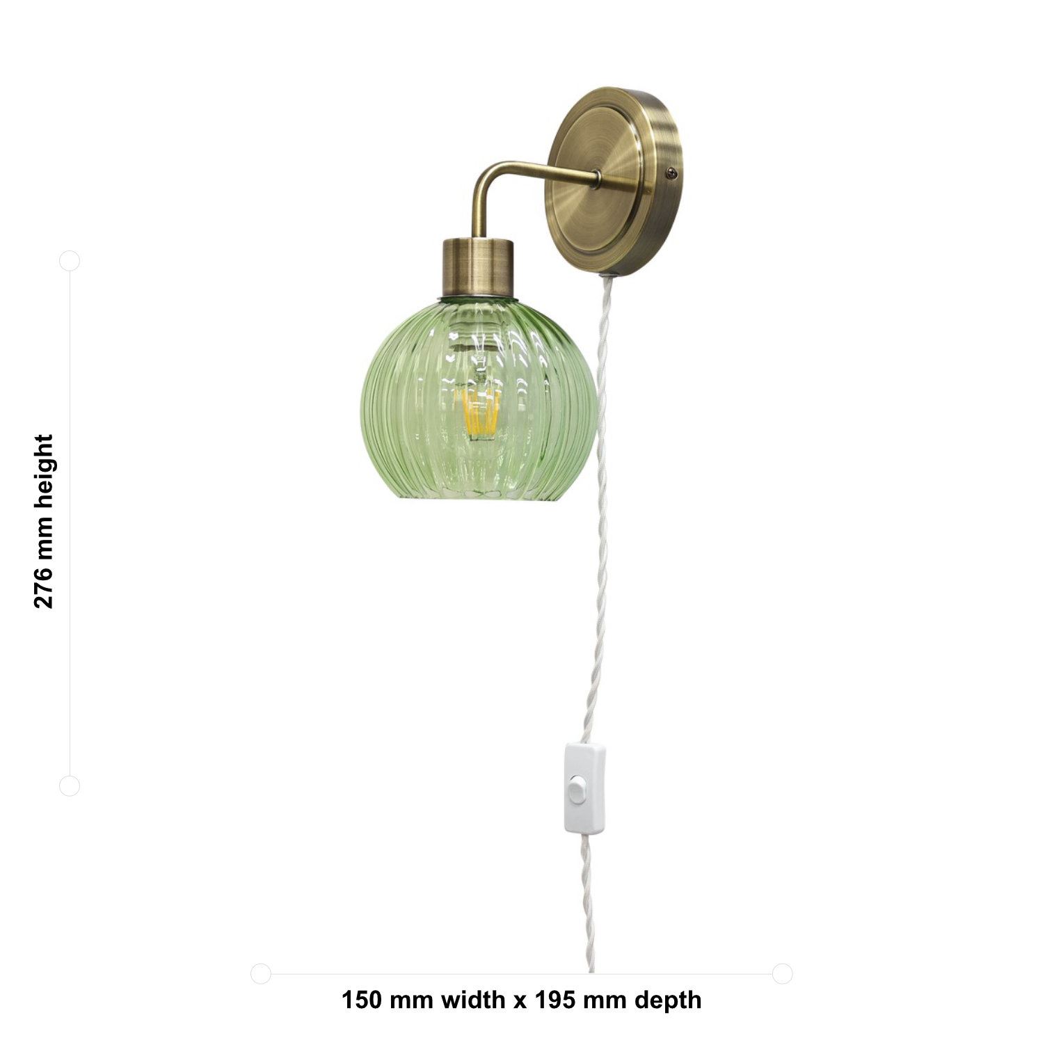 Modern Bedside Plug in Wall Light Reading Lamp with Green Ribbed Glass Shade - Picture 6 of 21