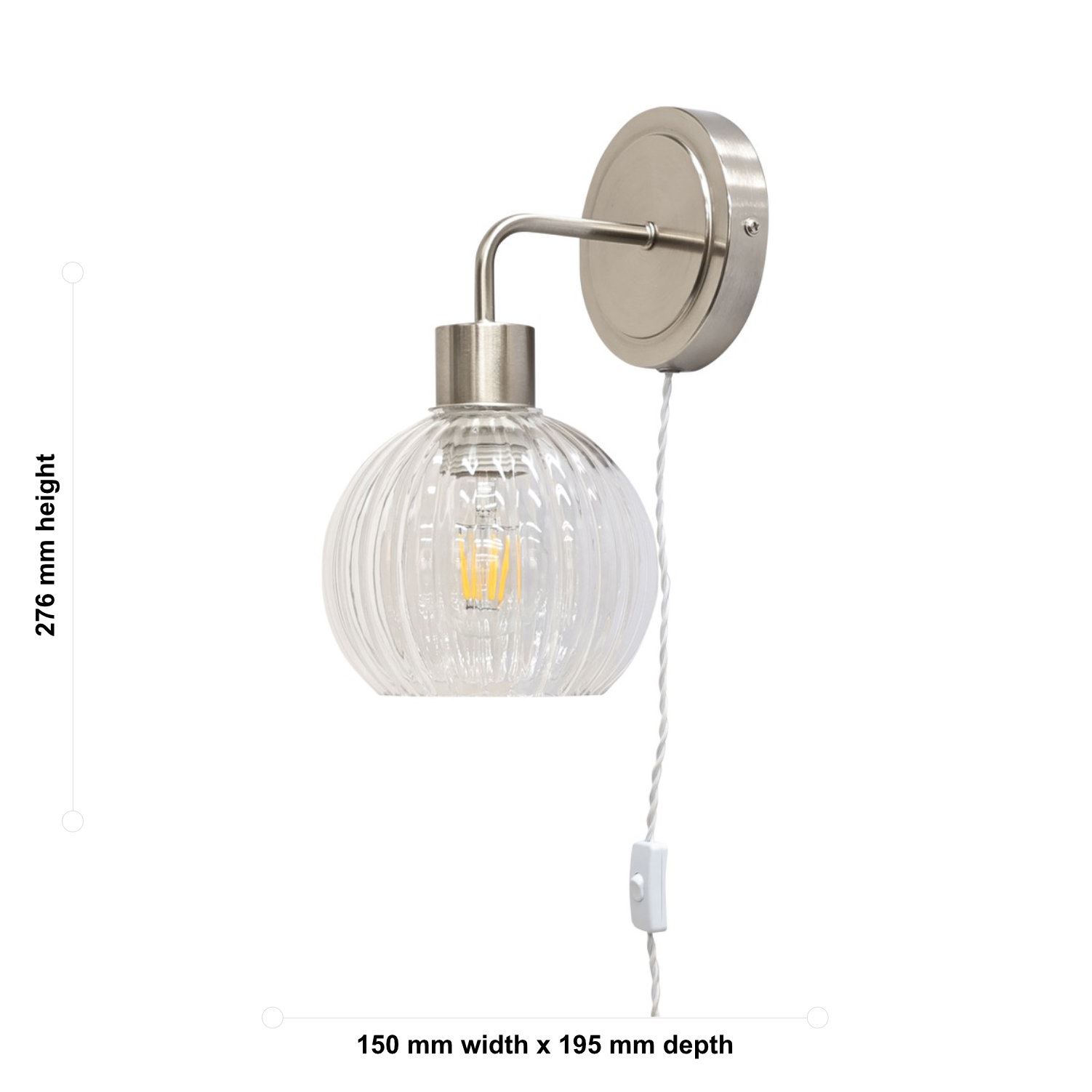 Modern Bedside Plug in Wall Light Reading Lamp with Clear Ribbed Glass Shade - Picture 21 of 21
