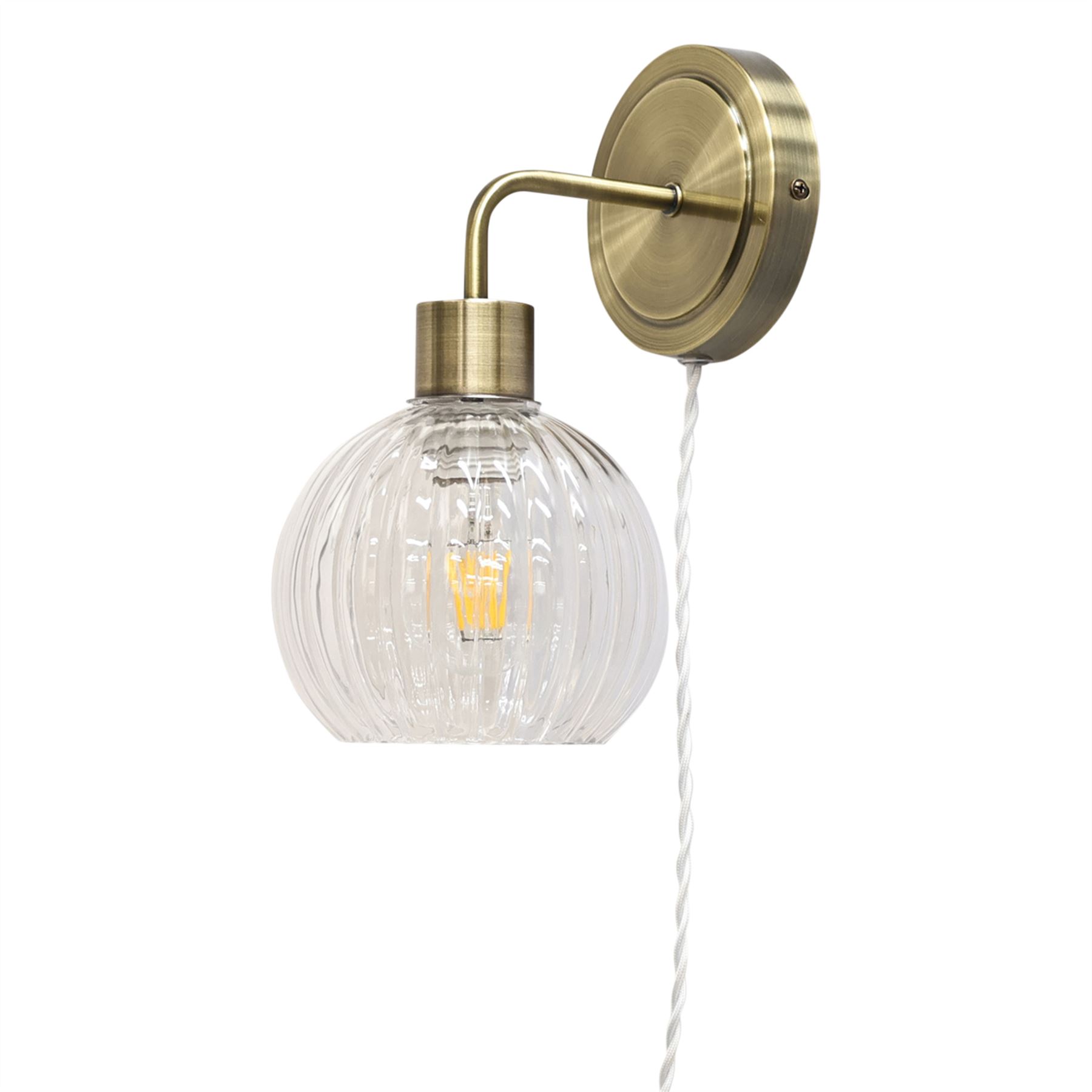Antique Brass Bedside Plug in Wall Light Reading Lamp with Fluted Glass Shade - Picture 4 of 25