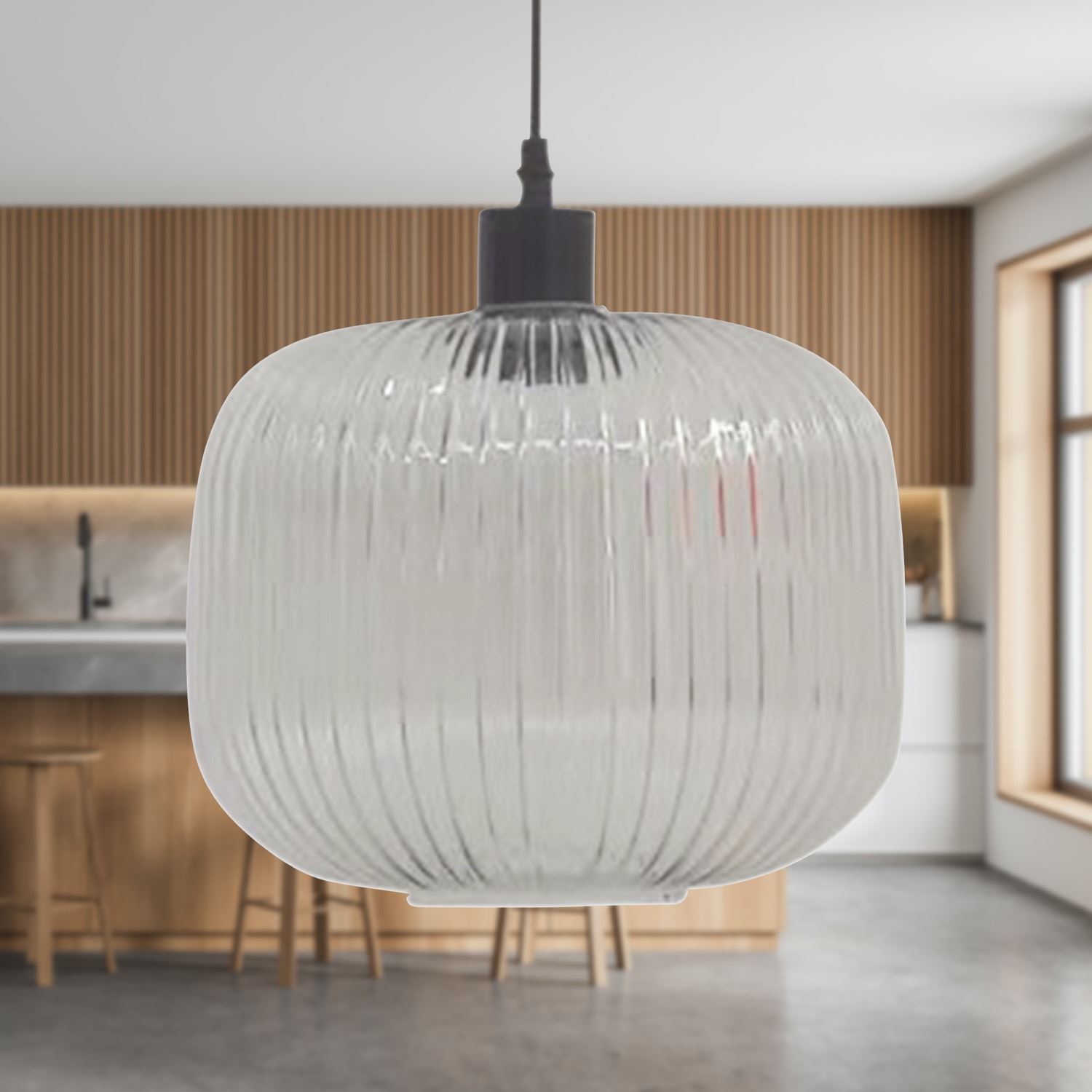 Modern Clear Ribbed Glass Large Kitchen Dining Pendant Ceiling Light Fitting - Picture 4 of 33