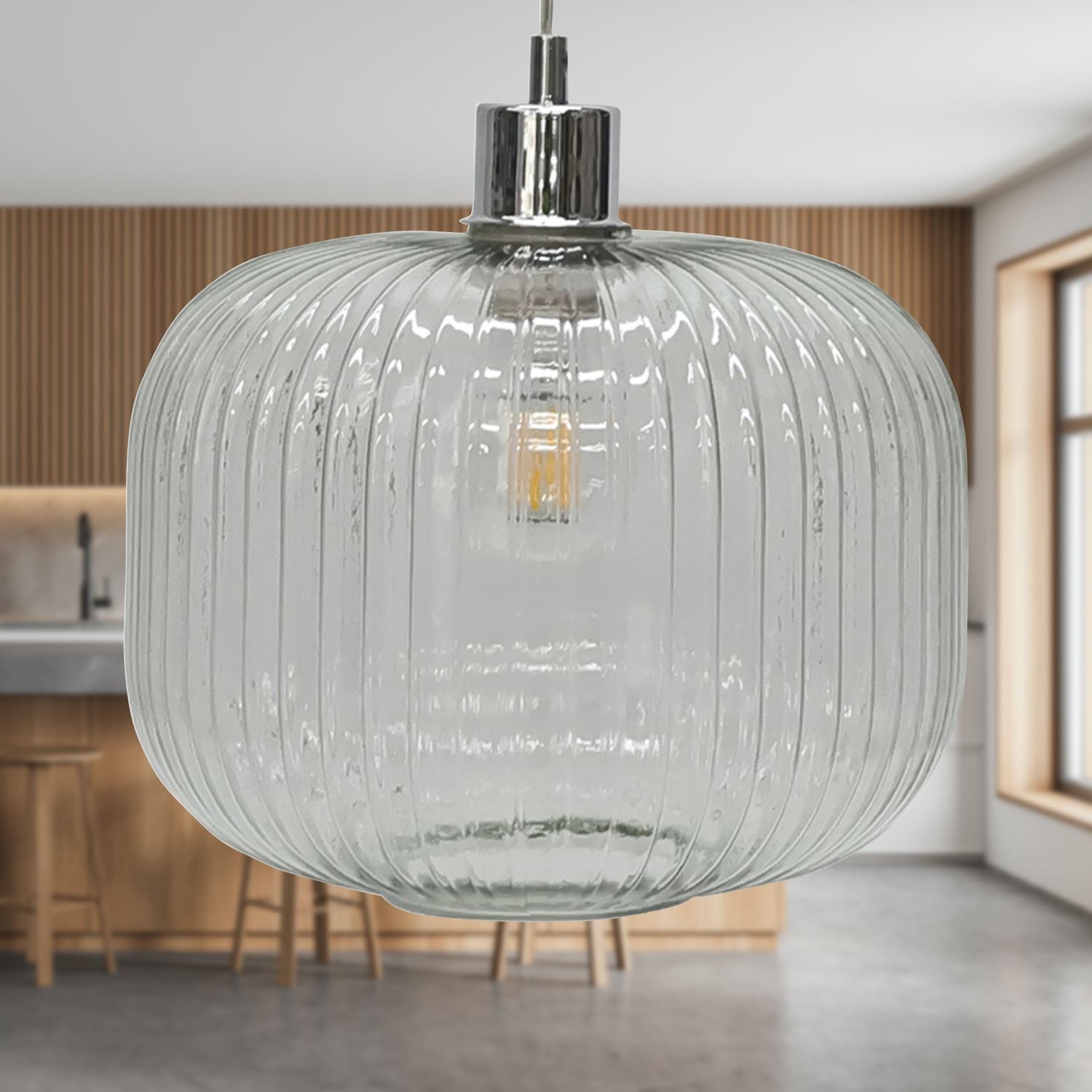 Modern Clear Ribbed Glass Large Kitchen Dining Pendant Ceiling Light Fitting - Picture 12 of 33