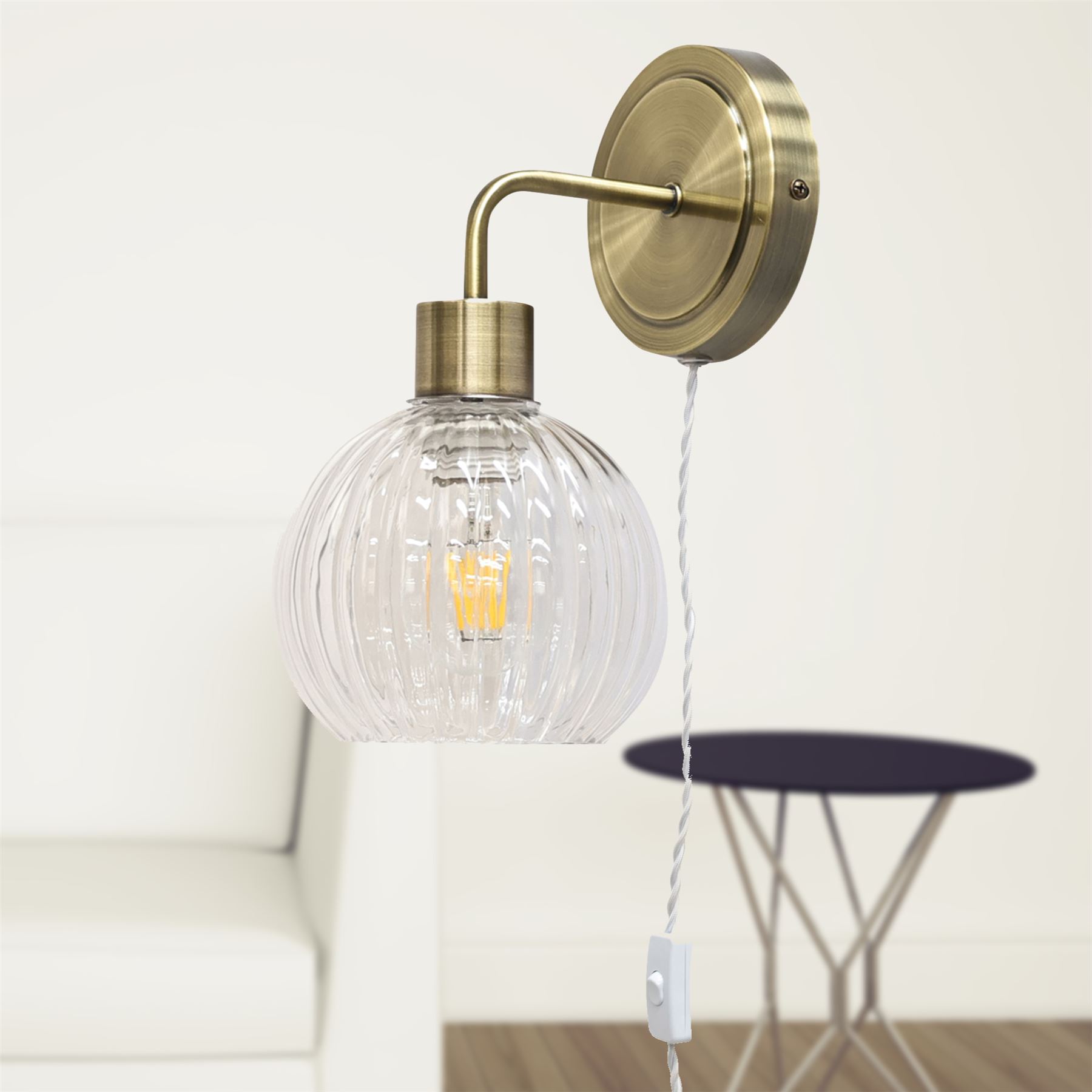 Antique Brass Bedside Plug in Wall Light Reading Lamp with Fluted Glass Shade - Picture 6 of 25