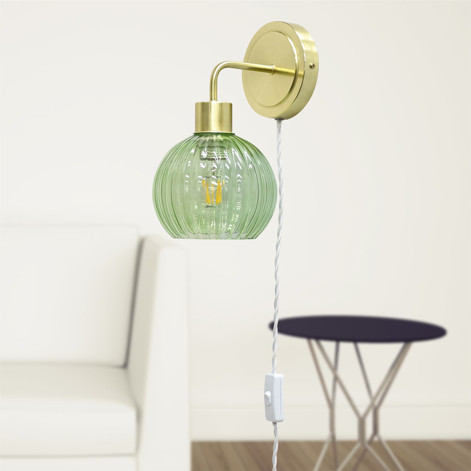 Modern Bedside Plug in Wall Light Reading Lamp with Green Ribbed Glass Shade - Picture 15 of 21