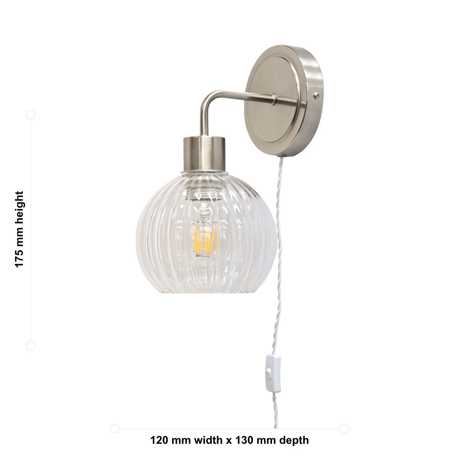 Antique Brass Bedside Plug in Wall Light Reading Lamp with Fluted Glass Shade - Picture 25 of 25