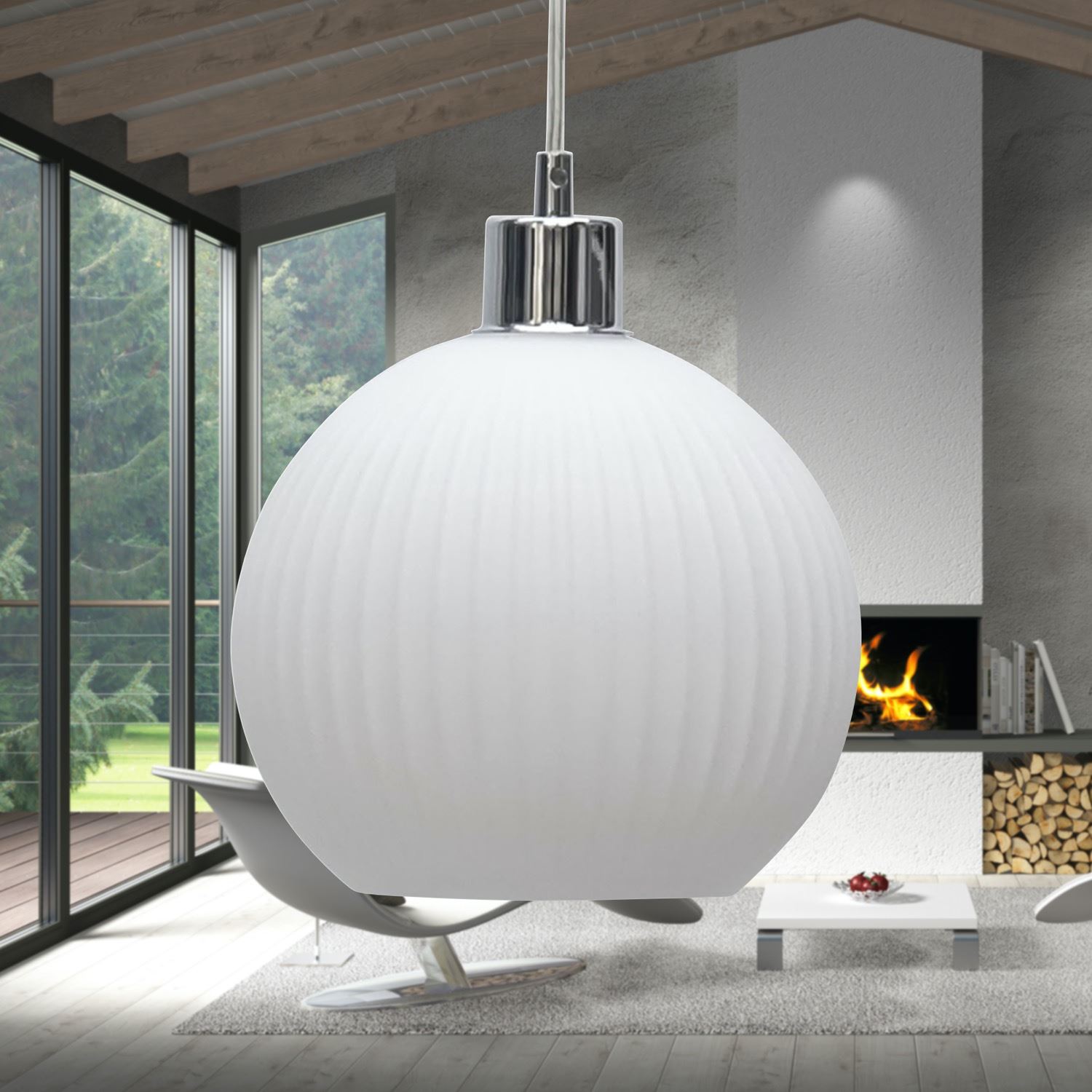 Modern White Ribbed Glass Globe Kitchen Dining Pendant Ceiling Light Fitting - Picture 13 of 33