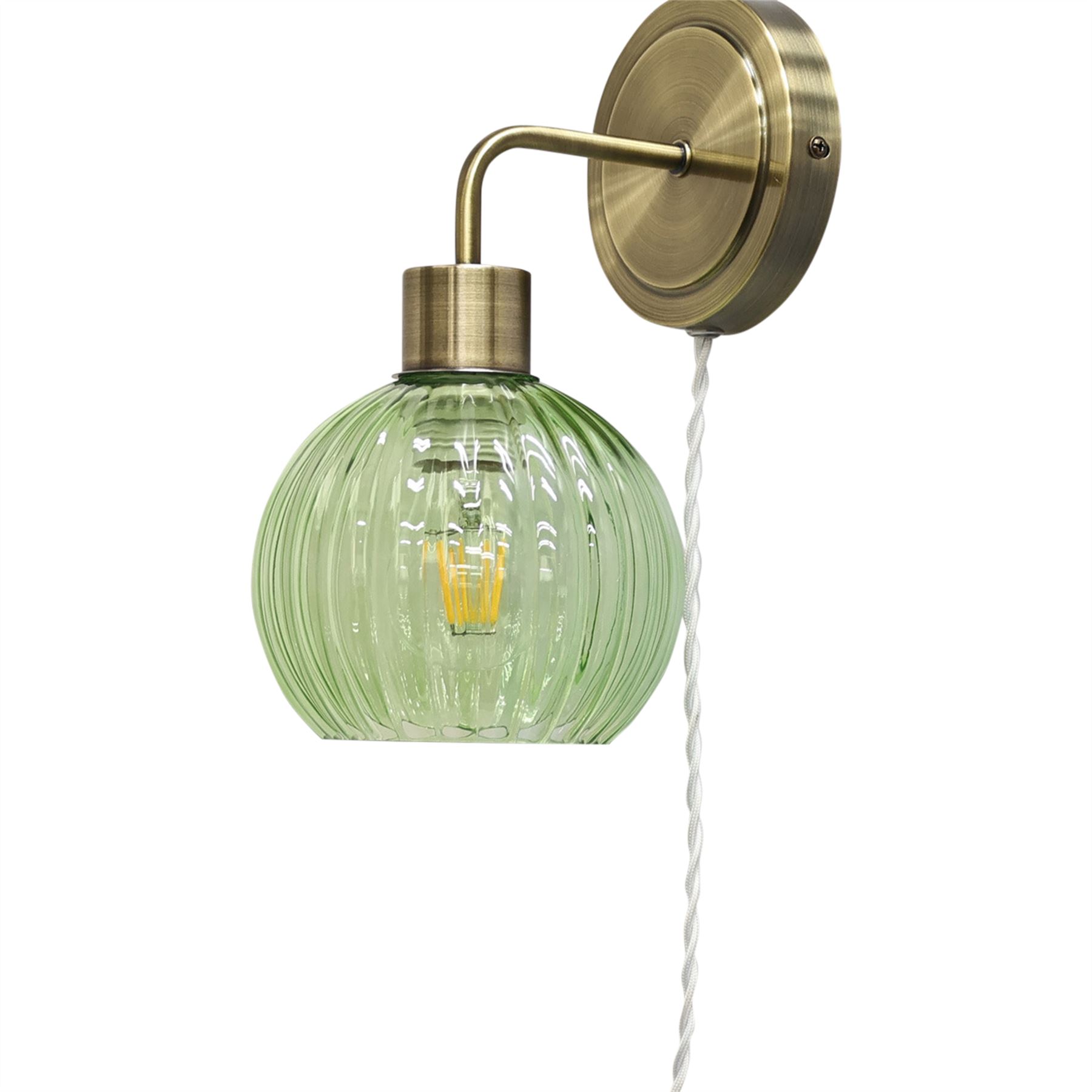 Modern Bedside Plug in Wall Light Reading Lamp with Green Ribbed Glass Shade - Picture 3 of 21