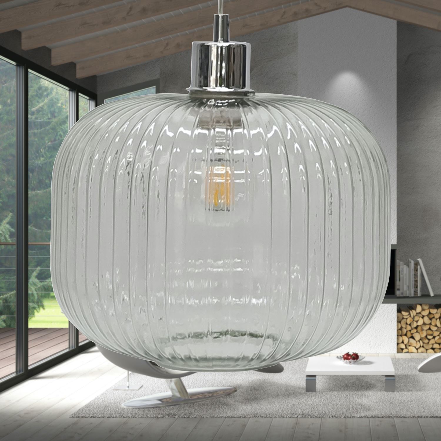 Modern Clear Ribbed Glass Large Kitchen Dining Pendant Ceiling Light Fitting - Picture 13 of 33