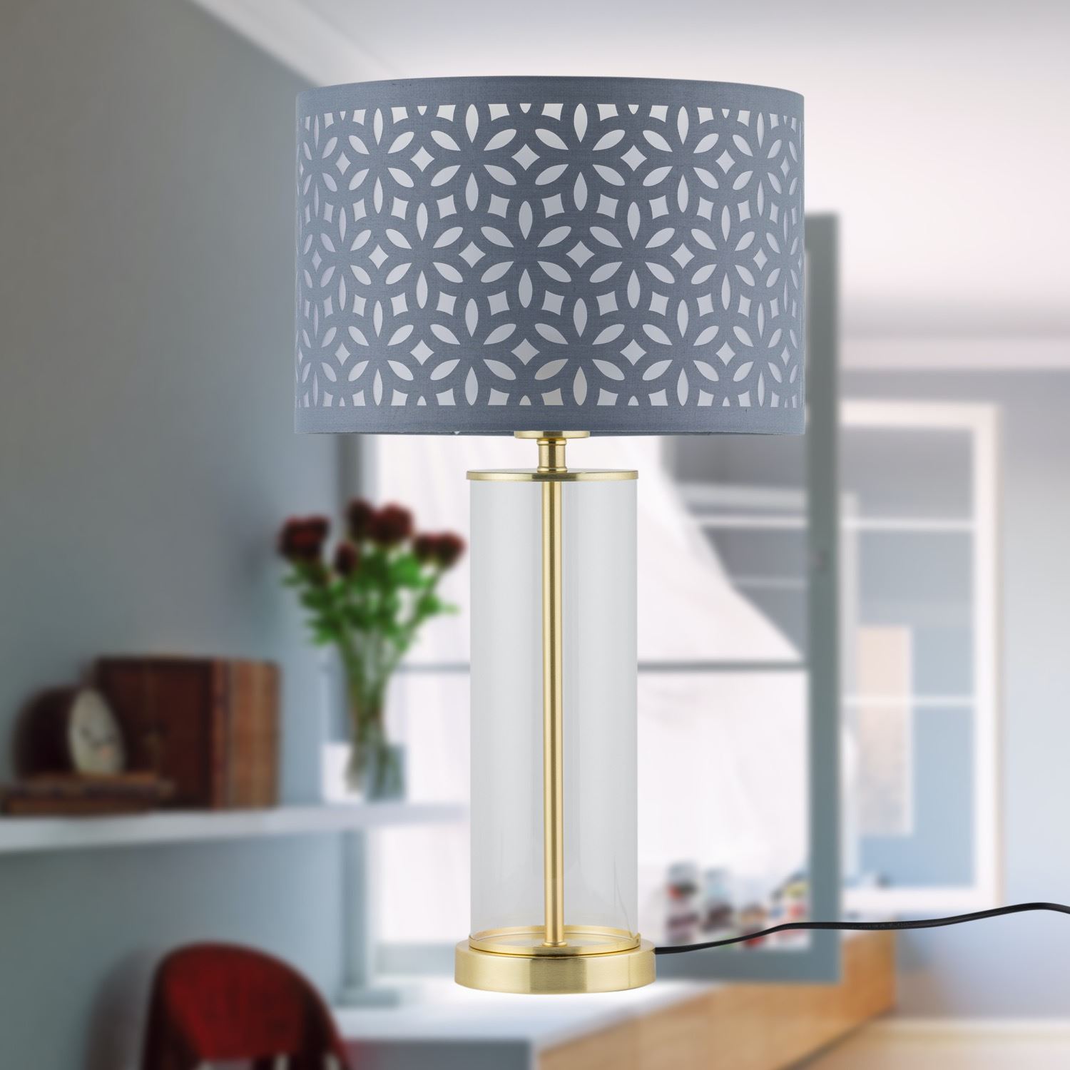 Moderne Glas Tischlampe Nachttischlampe Fuß Chrom Messing satiniert - Bild 13 von 15