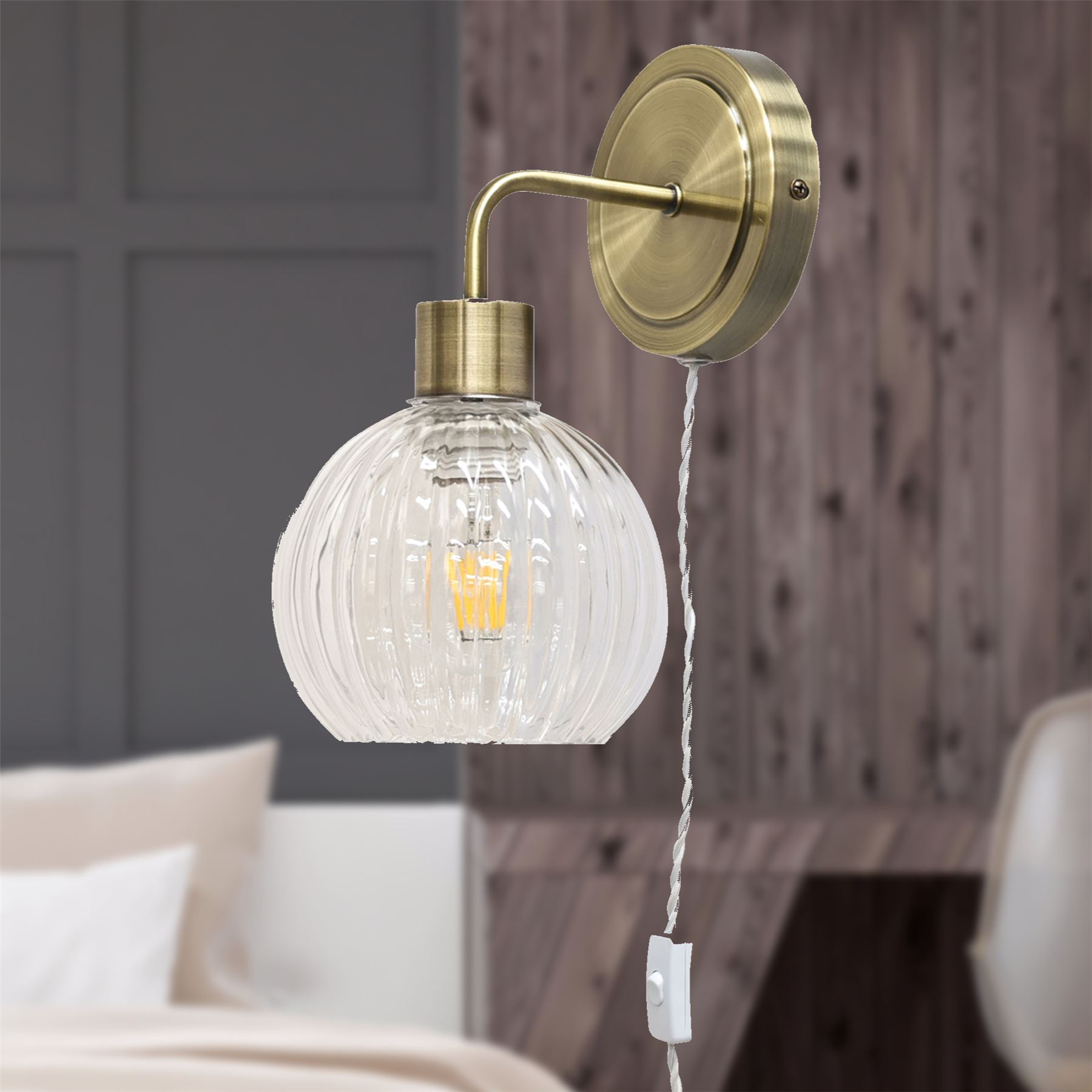 Antique Brass Bedside Plug in Wall Light Reading Lamp with Fluted Glass Shade - Picture 5 of 25