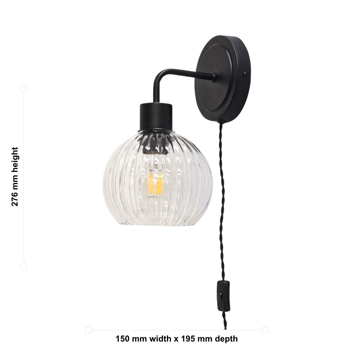 Modern Bedside Plug in Wall Light Reading Lamp with Clear Ribbed Glass Shade - Picture 11 of 21
